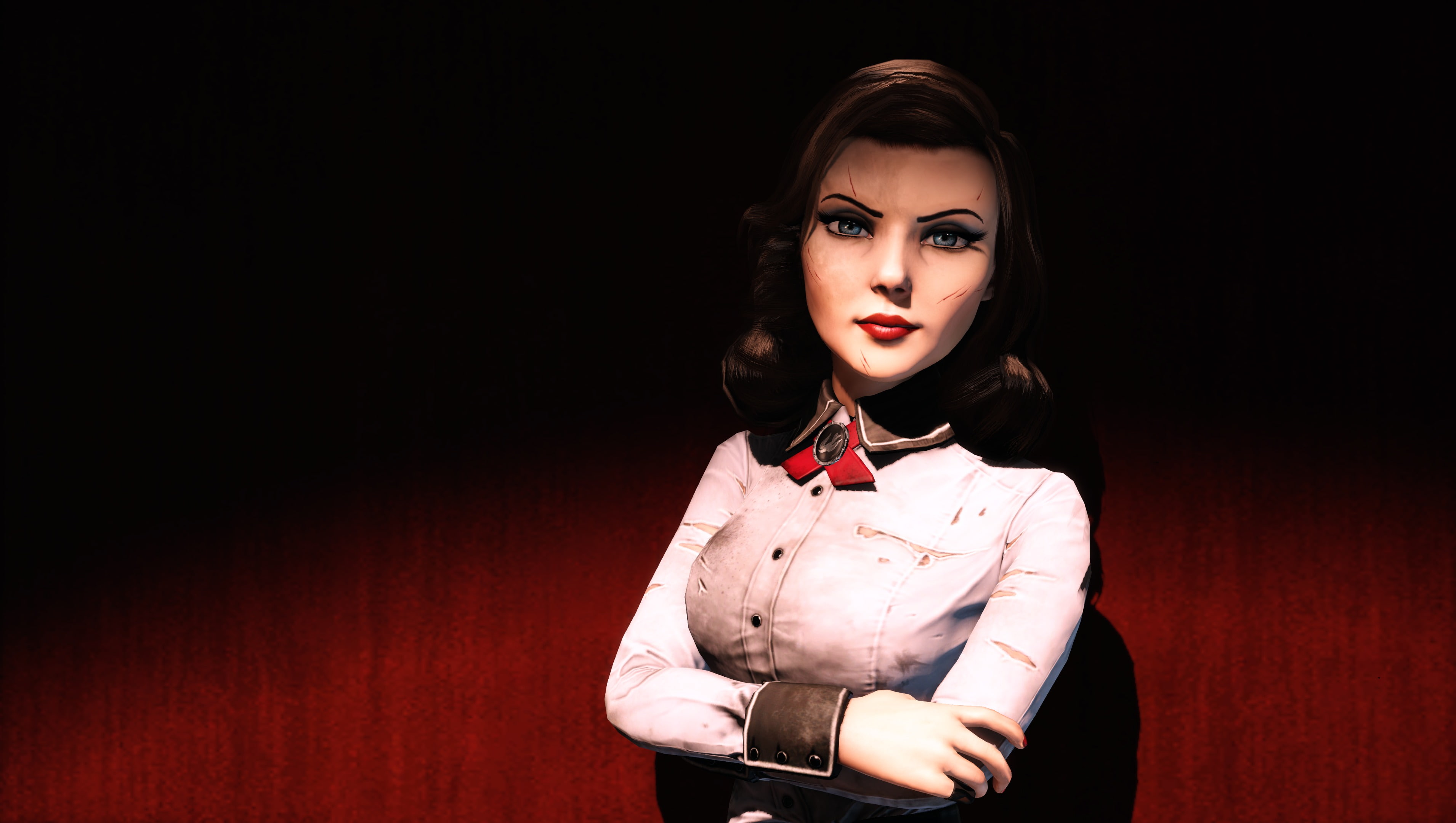 Bioshock, elegance, Hair, people, backgrounds, red, Burial at Sea, waist up, black Color, Elizabeth, human Lips, adult, hairstyle, glamour, black background, HD Wallpaper
