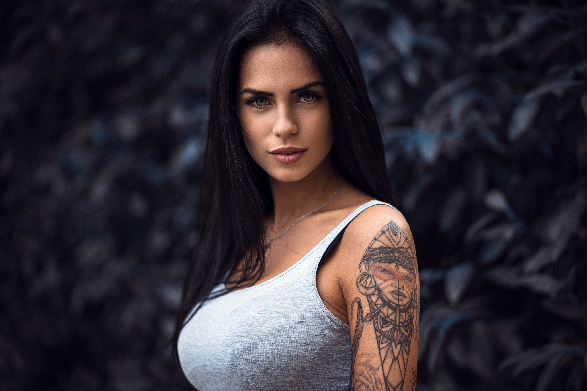tank top, human Skin, females, beautiful People, beautiful woman, s, the Human Body, black hair, tattoo, bokeh, untitled, one Woman Only, beautiful, young Adult, HD Wallpaper
