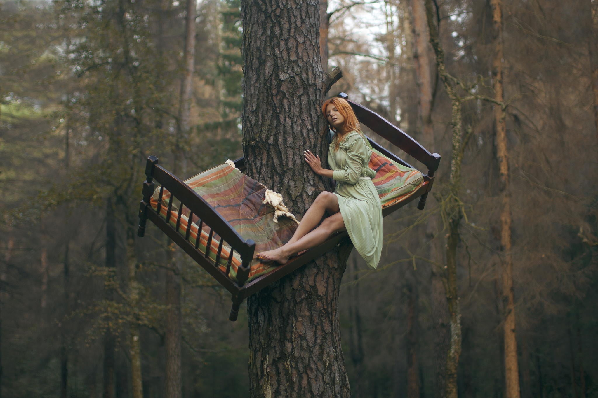 nature, bed, adult, black, one person, in bed, women outdoors, leisure activity, full length, green, young women, forest, wearing, outdoors, gray, real people, HD Wallpaper