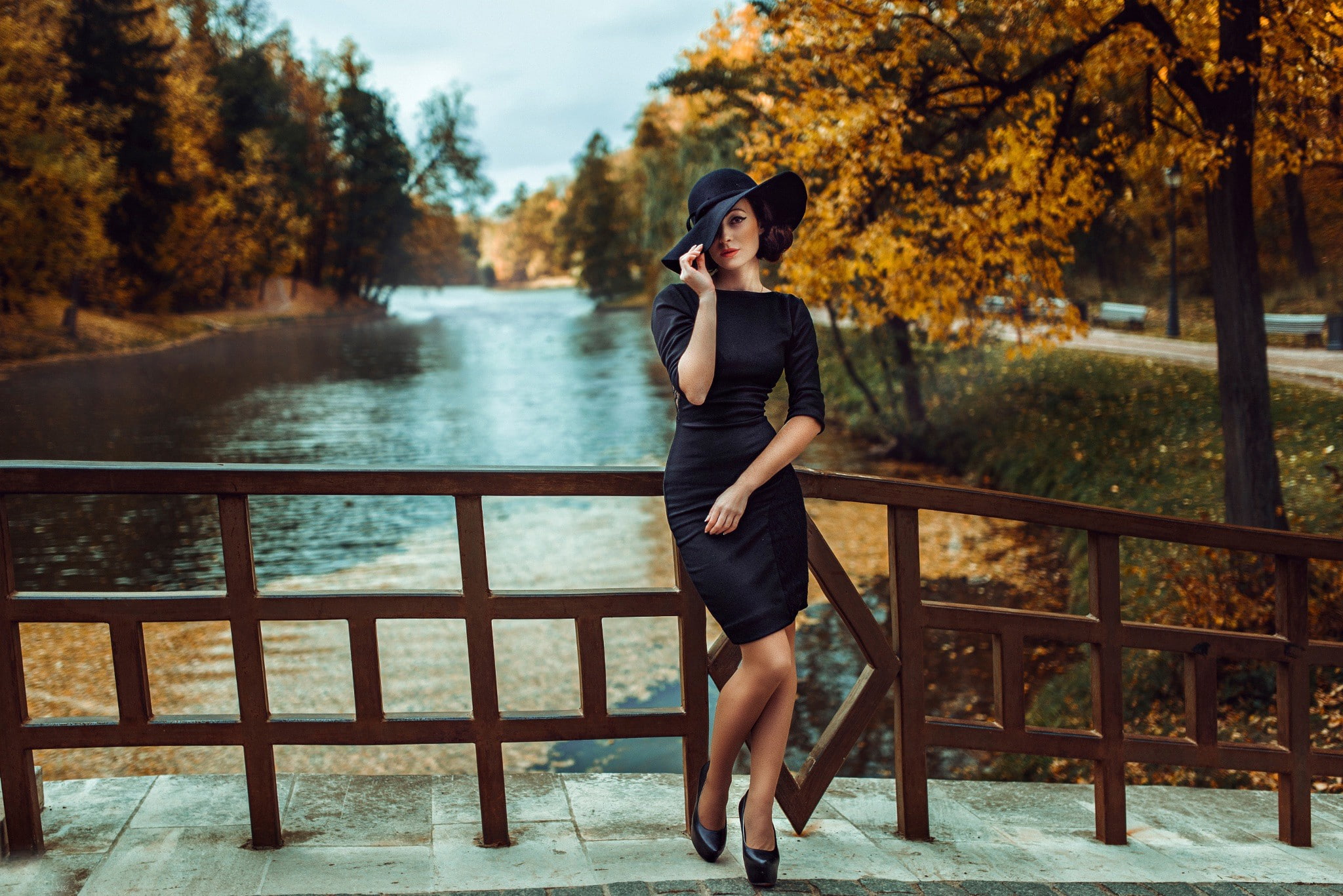 1080P, girl, Russia, dress, black, hat, black dress, figure, HD Wallpaper