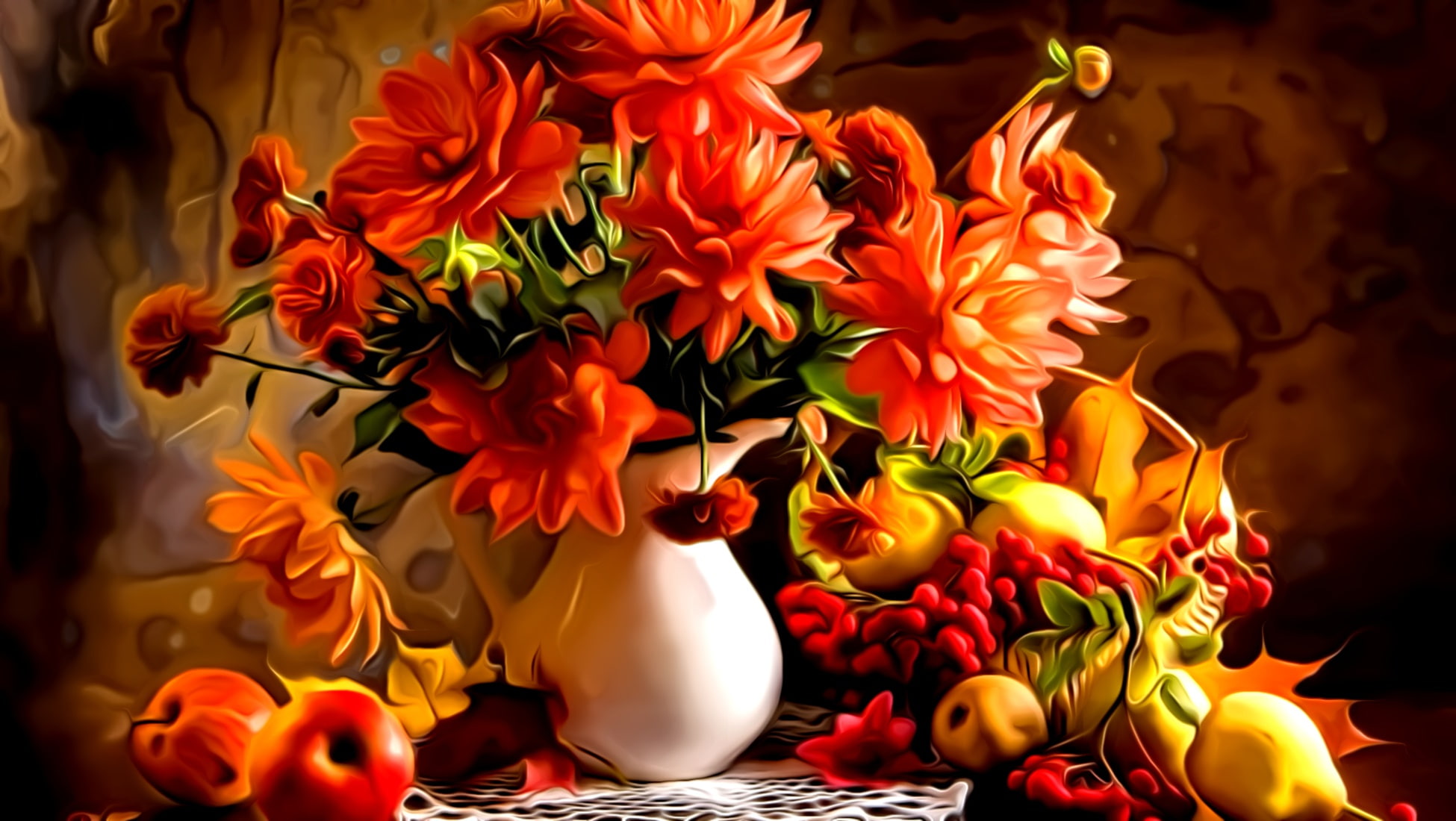 rendering, autumn still life, 1080P, paint, pitcher, painting, fruit, flowers, leaves, bouquet, HD Wallpaper