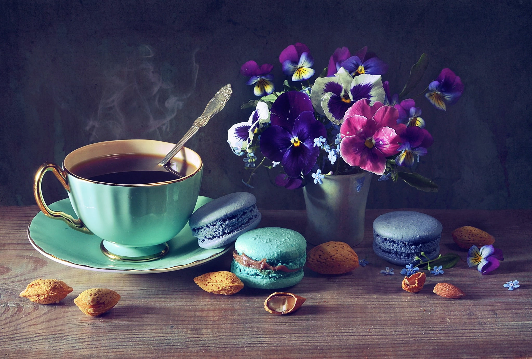 Cup, vase, 1080P, cakes, Anastasia Soloveva, pasta, Anastasia Soloviova, flowers, violet, forget-me-nots, coffee, almonds, nuts, Pansy, HD Wallpaper