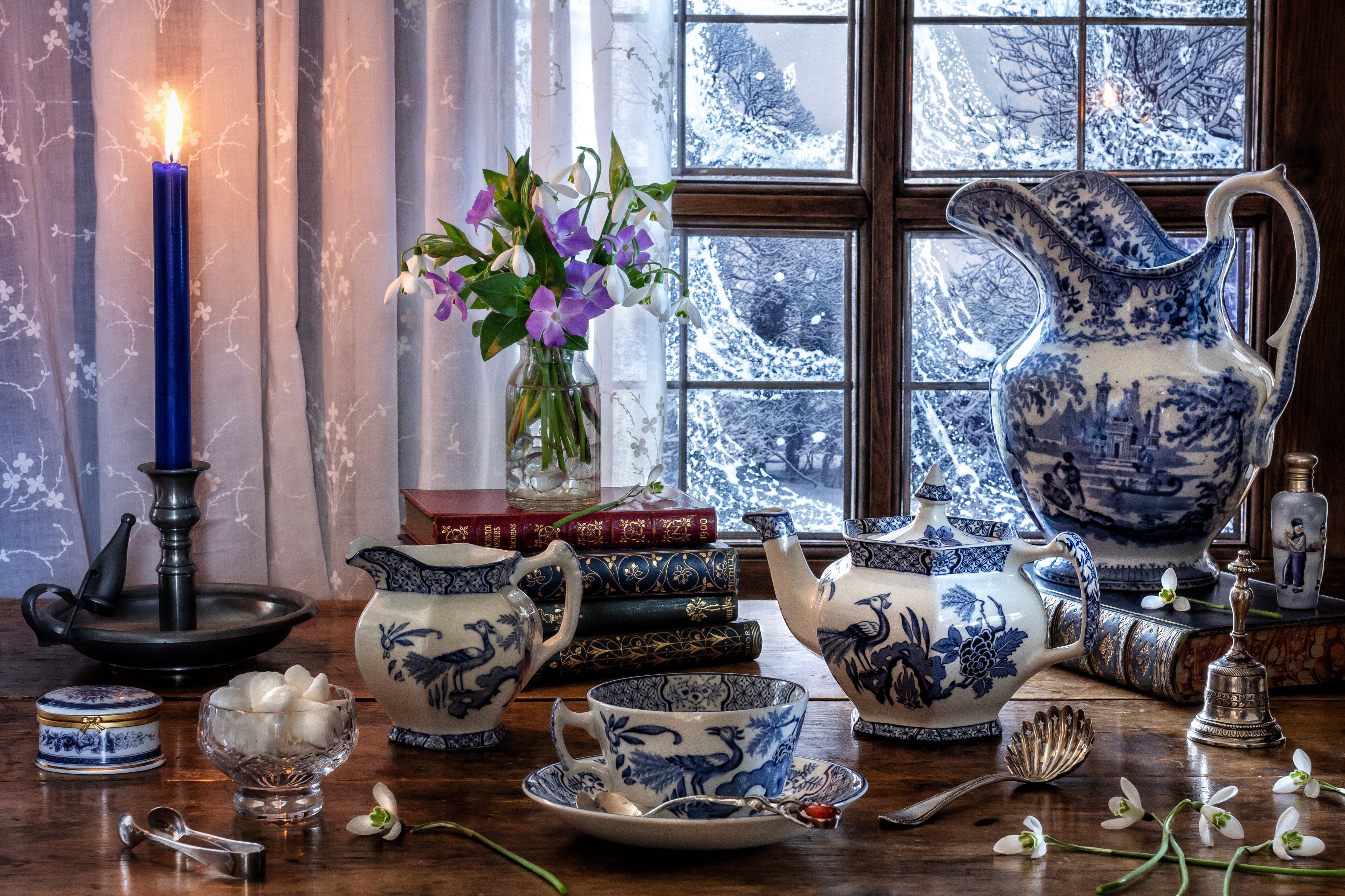 snowdrops, style, books, Cup, sugar, flowers, window, 5K, kettle, set, candle, mug, a bunch, pitcher, HD Wallpaper
