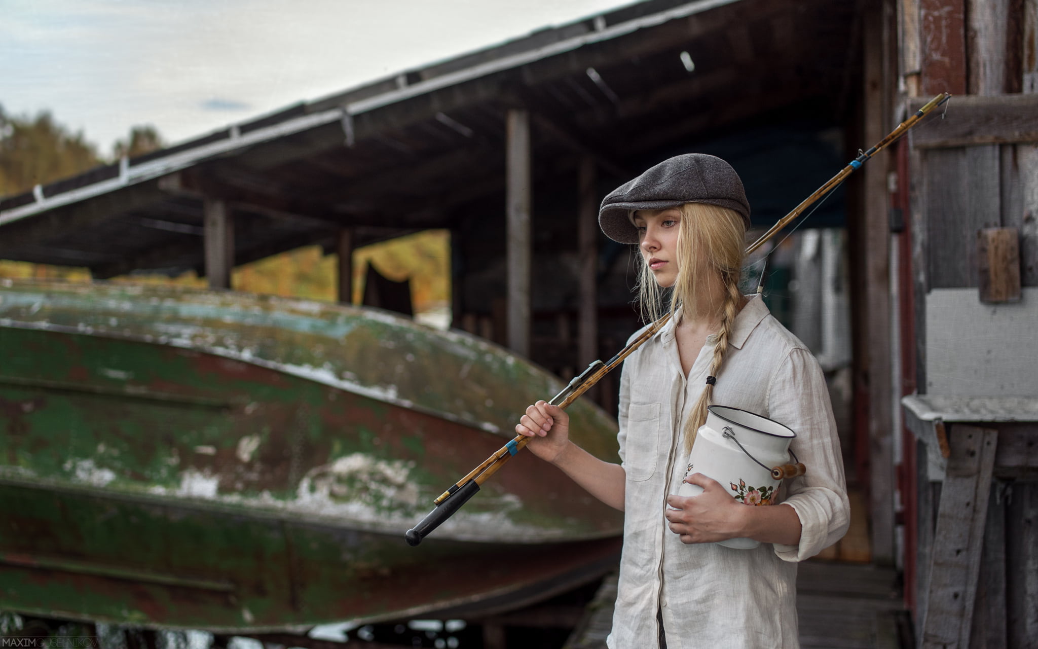 women, hairstyle, beautiful woman, vintage, 1080P, Maxim Guselnikov, fishing rods, cans, fishing, model, young adult, hat, clothing, one person, architecture, HD Wallpaper