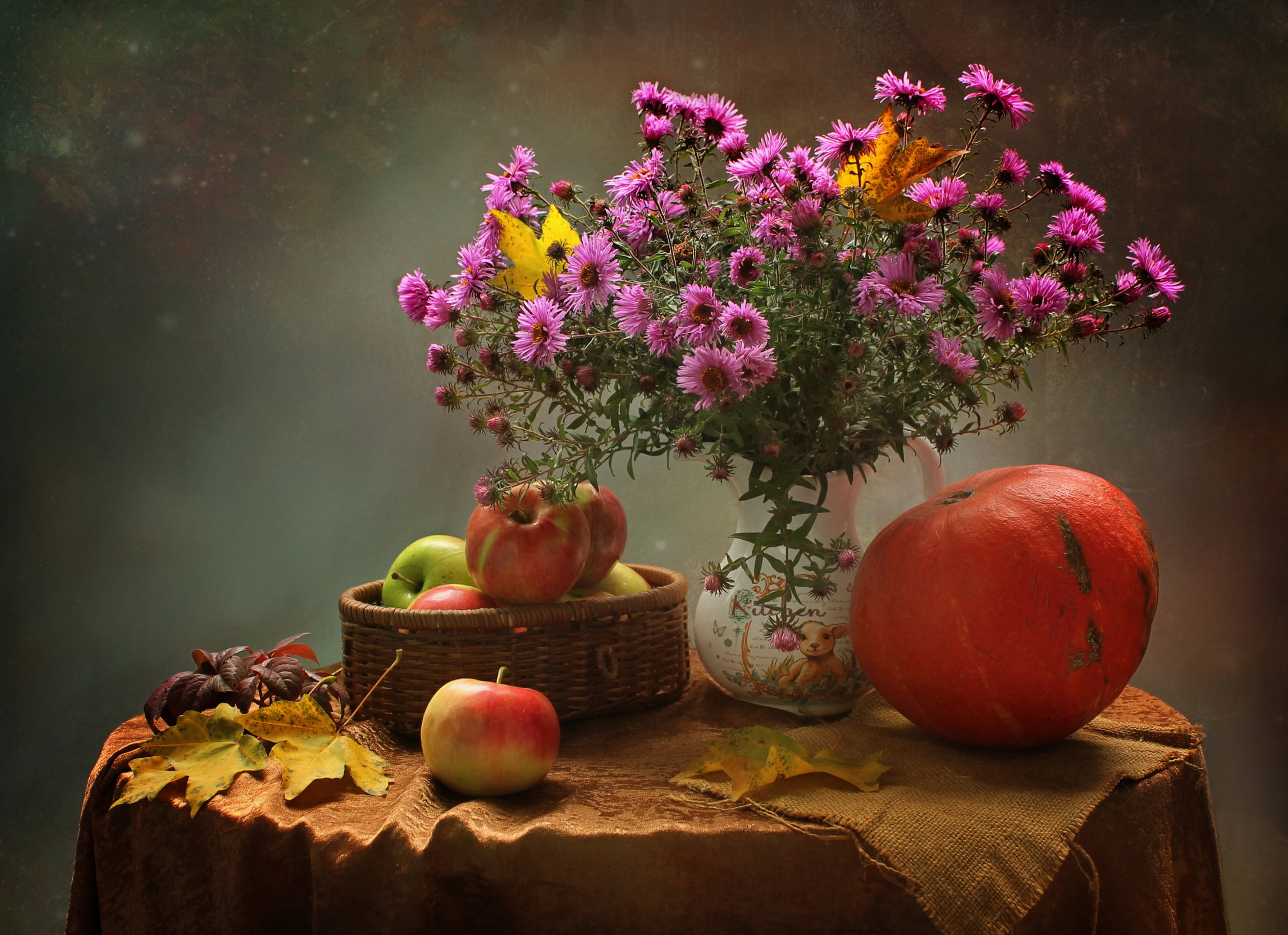 pumpkin, 1080P, still life, asters, leaves, bouquet, apples, autumn, tablecloth, vase, table, background, flowers, HD Wallpaper