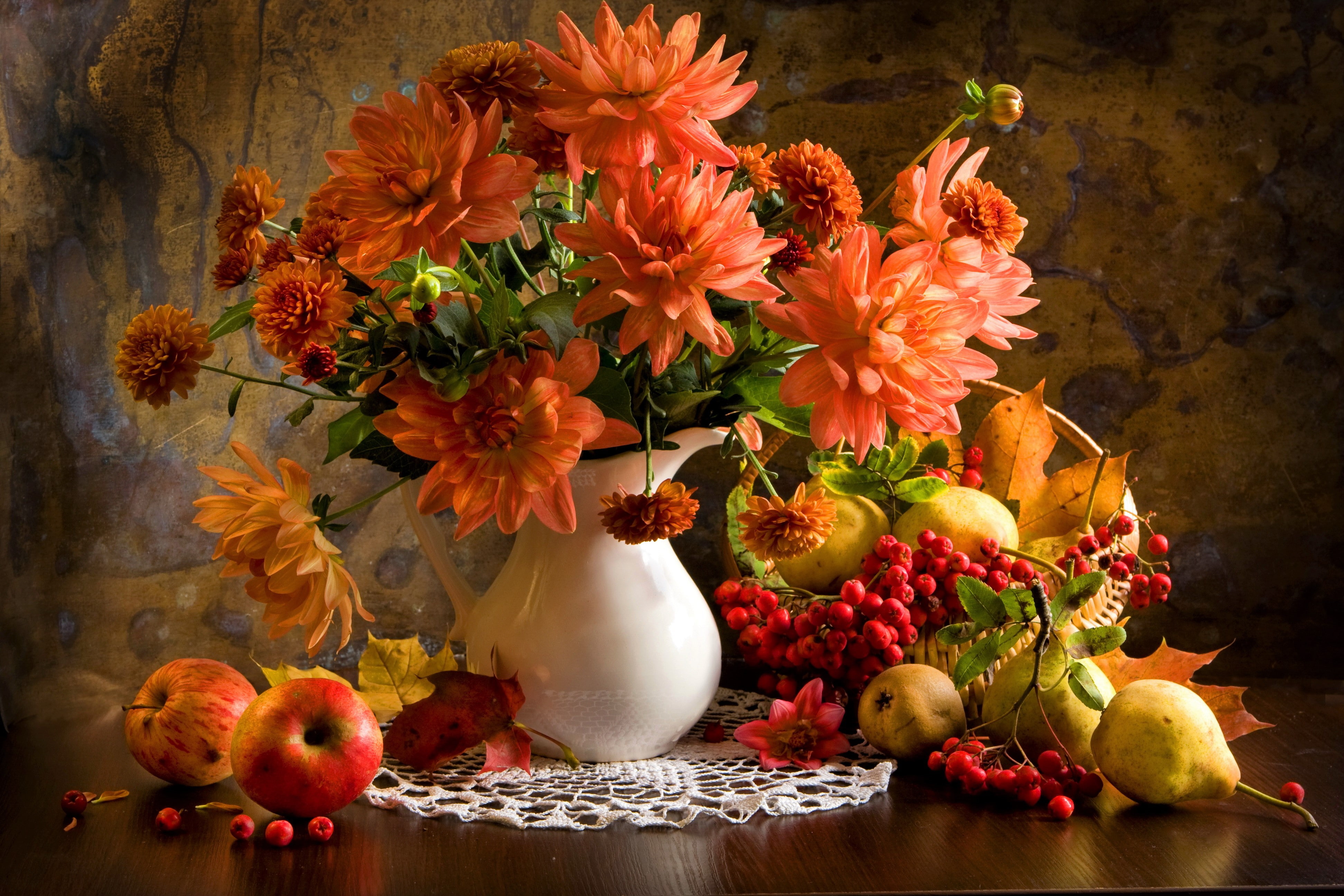 peach, 4K, flower, fall, berry, fruit, life, leaf, still, vase, HD Wallpaper