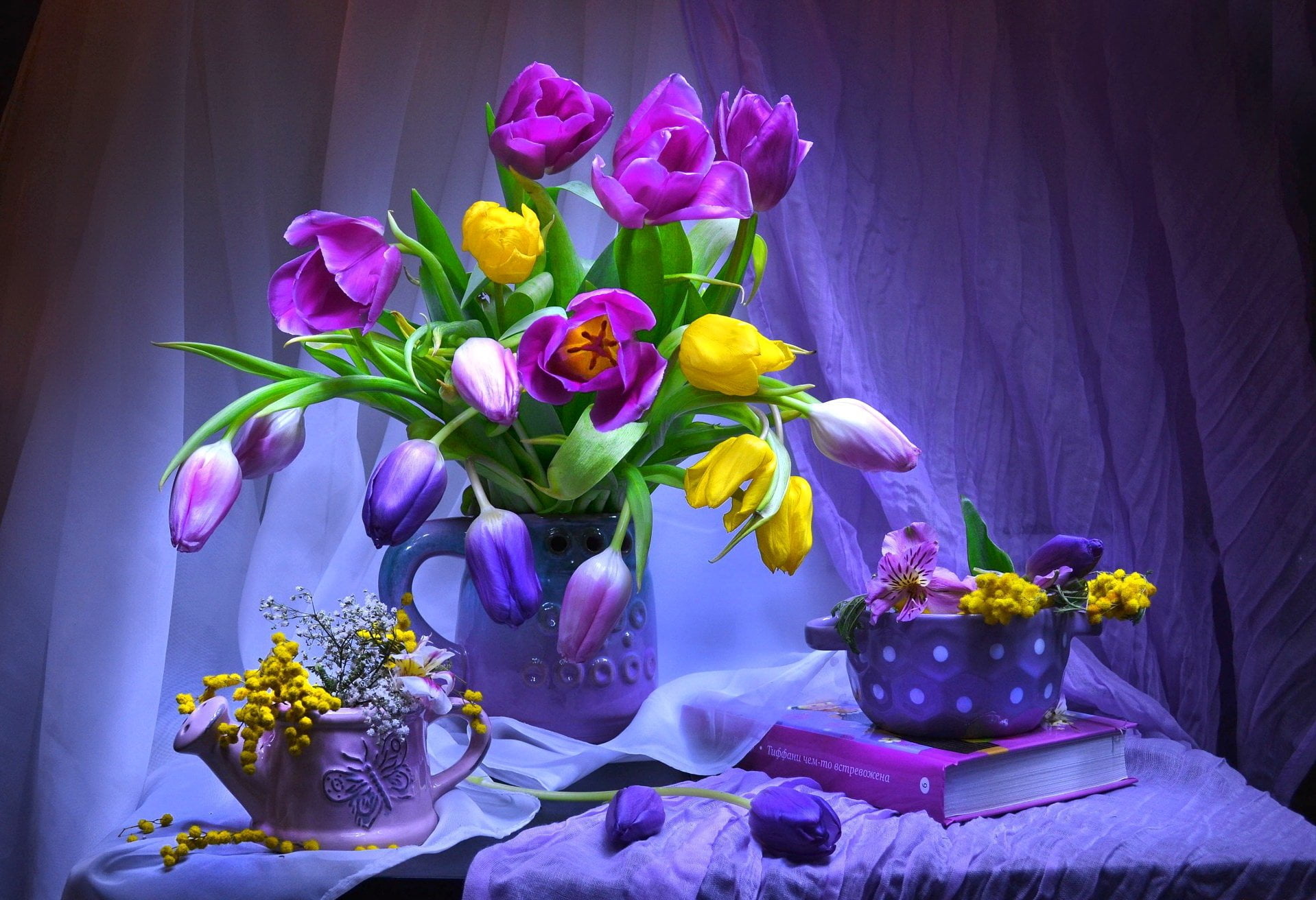 Book, table, Curtain, iris - plant, arrangement, bunch of flowers, Photography, Purple Flower, 720P, Tulip, no people, petal, Yellow Flower, Purple, plant, HD Wallpaper