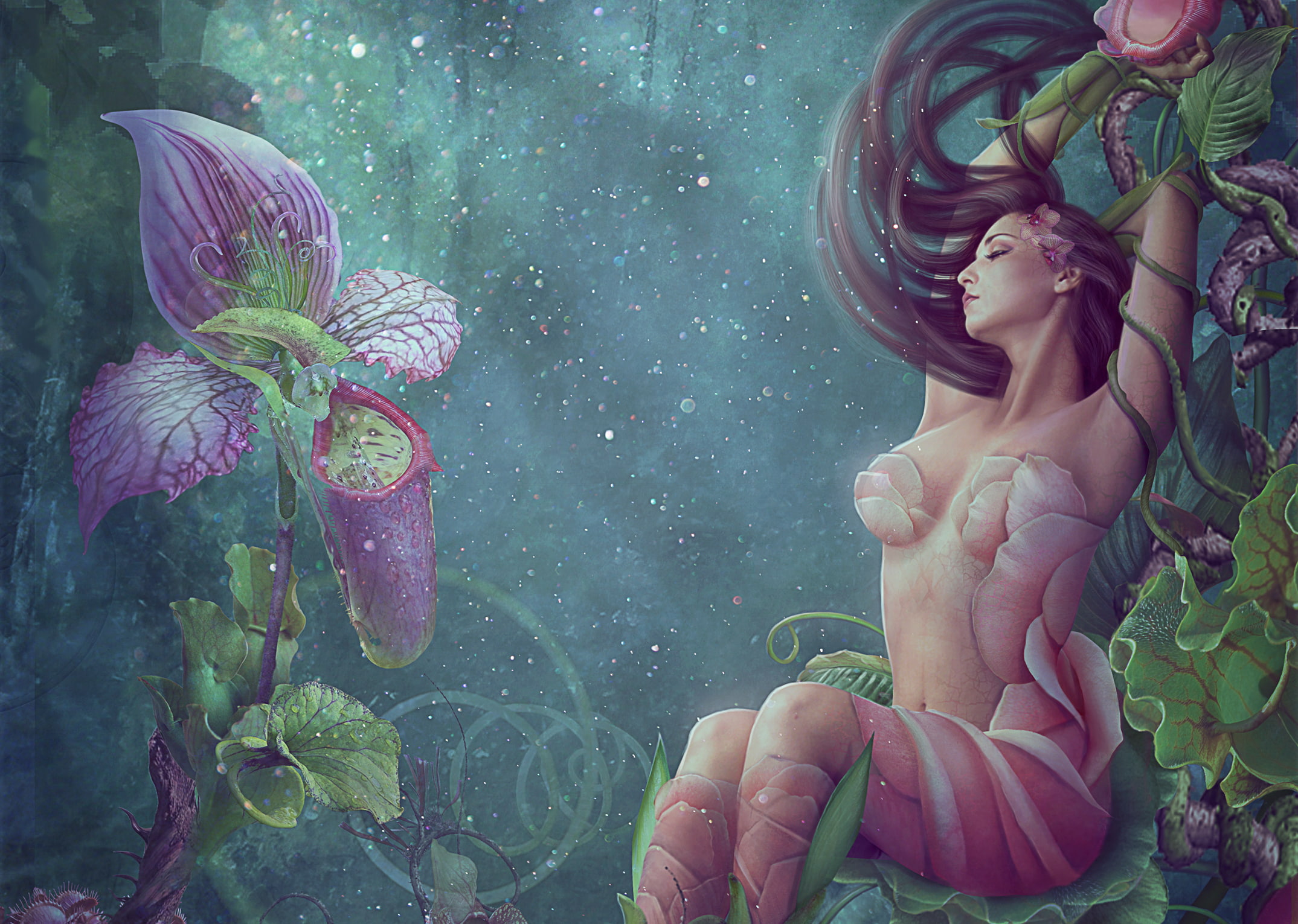 digital, poison, pitcher, art, flower, ivy, 1080P, girl, fantasy, HD Wallpaper