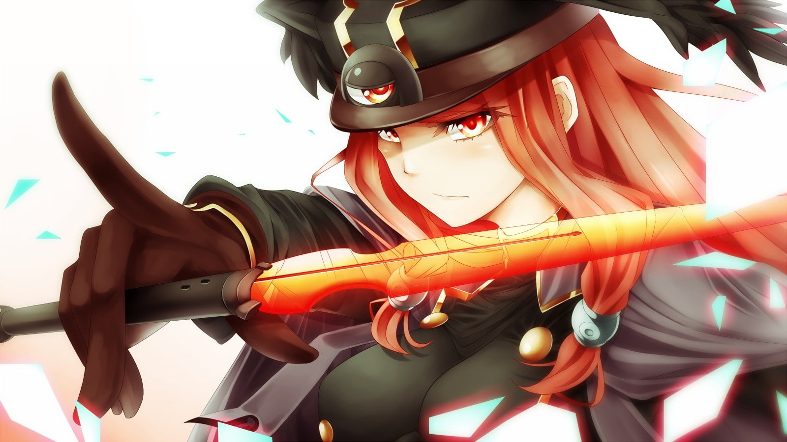 long hair, hat, short sword, anime, red eyes, gloves, readhead, video games, anime girls, 720P, Tsubaki Yayoi, Blazblue, white background, HD Wallpaper