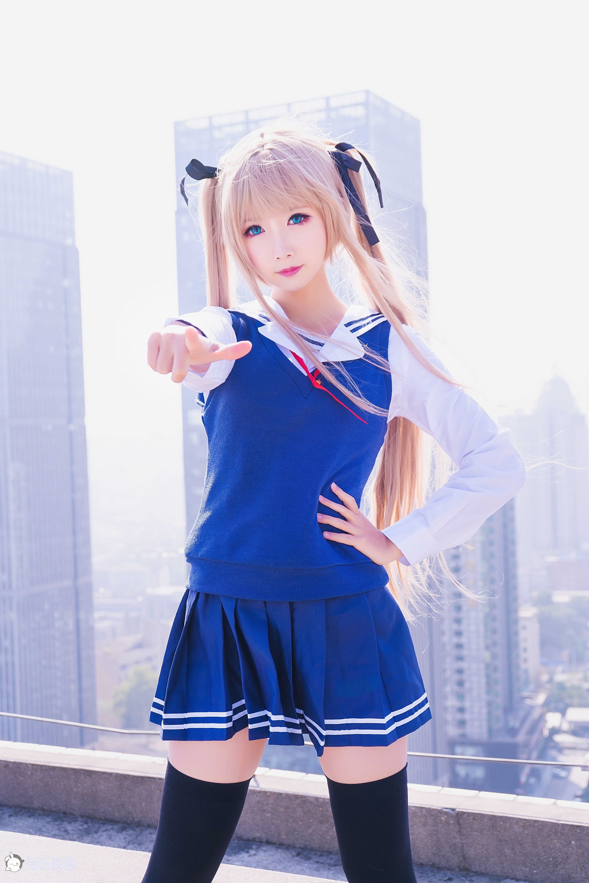 Saenai Heroine no Sodatekata, outdoors, blue clothing, Sawamura Eriri Spencer, portrait display, skirt, pink lipstick, blue eyes, women, blonde, rooftops, Phone HD Wallpaper