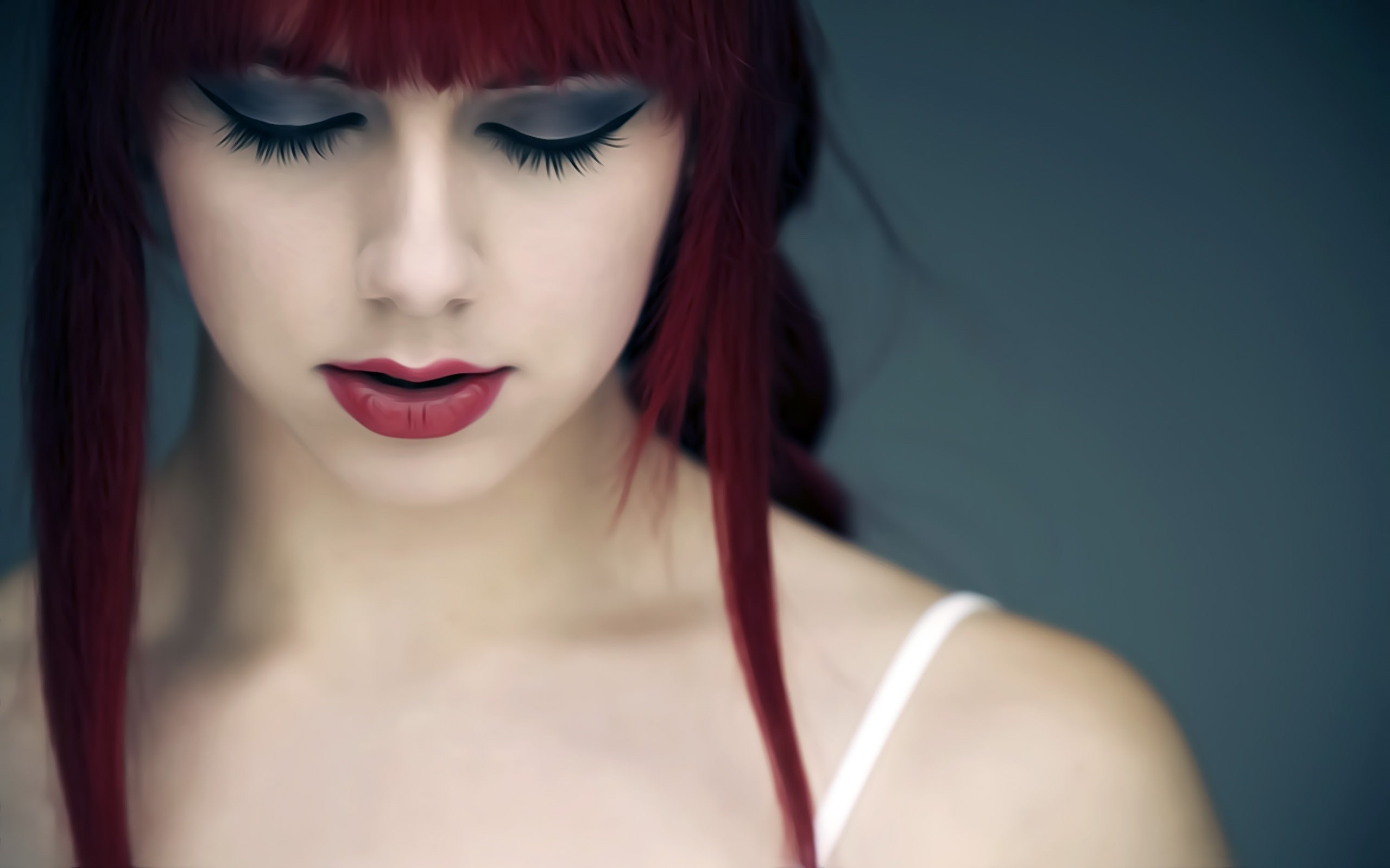 artwork, digital art, makeup, 2K, face, red lipstick, closed eyes, Blackfantastix, portrait, women, readhead, redhead, HD Wallpaper