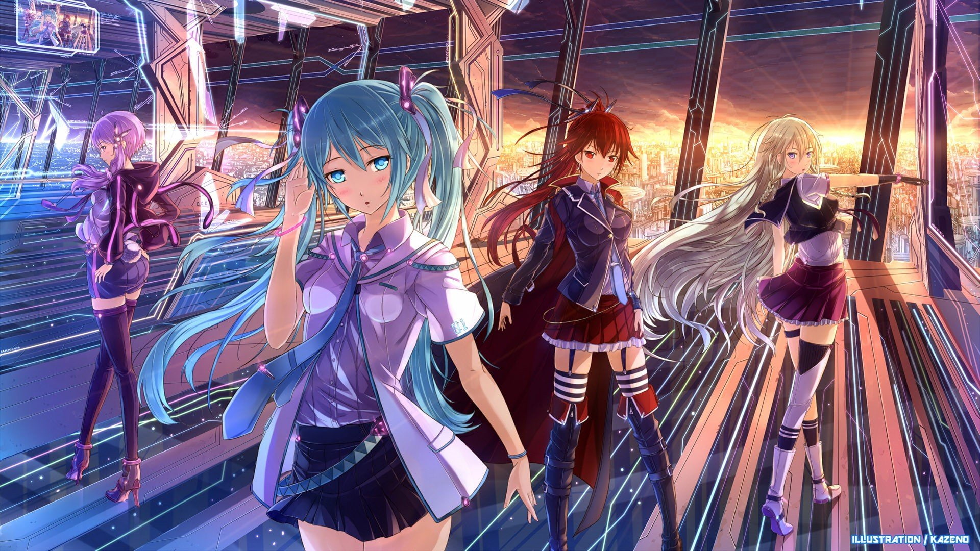 anime, highs, Hair Ornament, Blonde, Long Hair, Skirt, Readhead, IA (Vocaloid), thigh, Anime Girls, Purple Hair, Blue Hair, 1080P, Hatsune Miku, HD Wallpaper