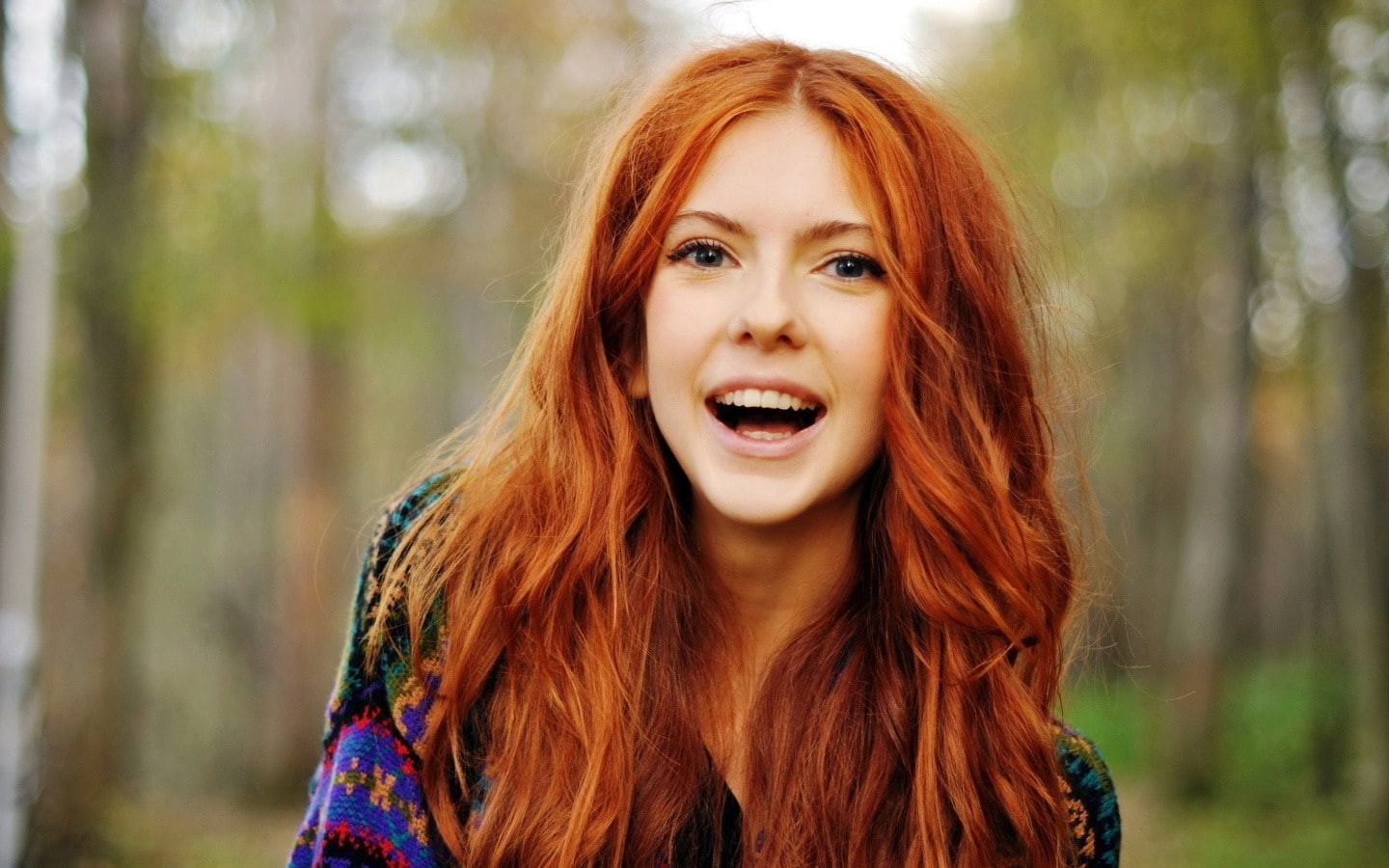 adult, beautiful woman, cheerful, long hair, dyed red hair, mouth open, beautiful people, hairstyle, outdoors, happiness, readhead women open mouth, forest, HD Wallpaper