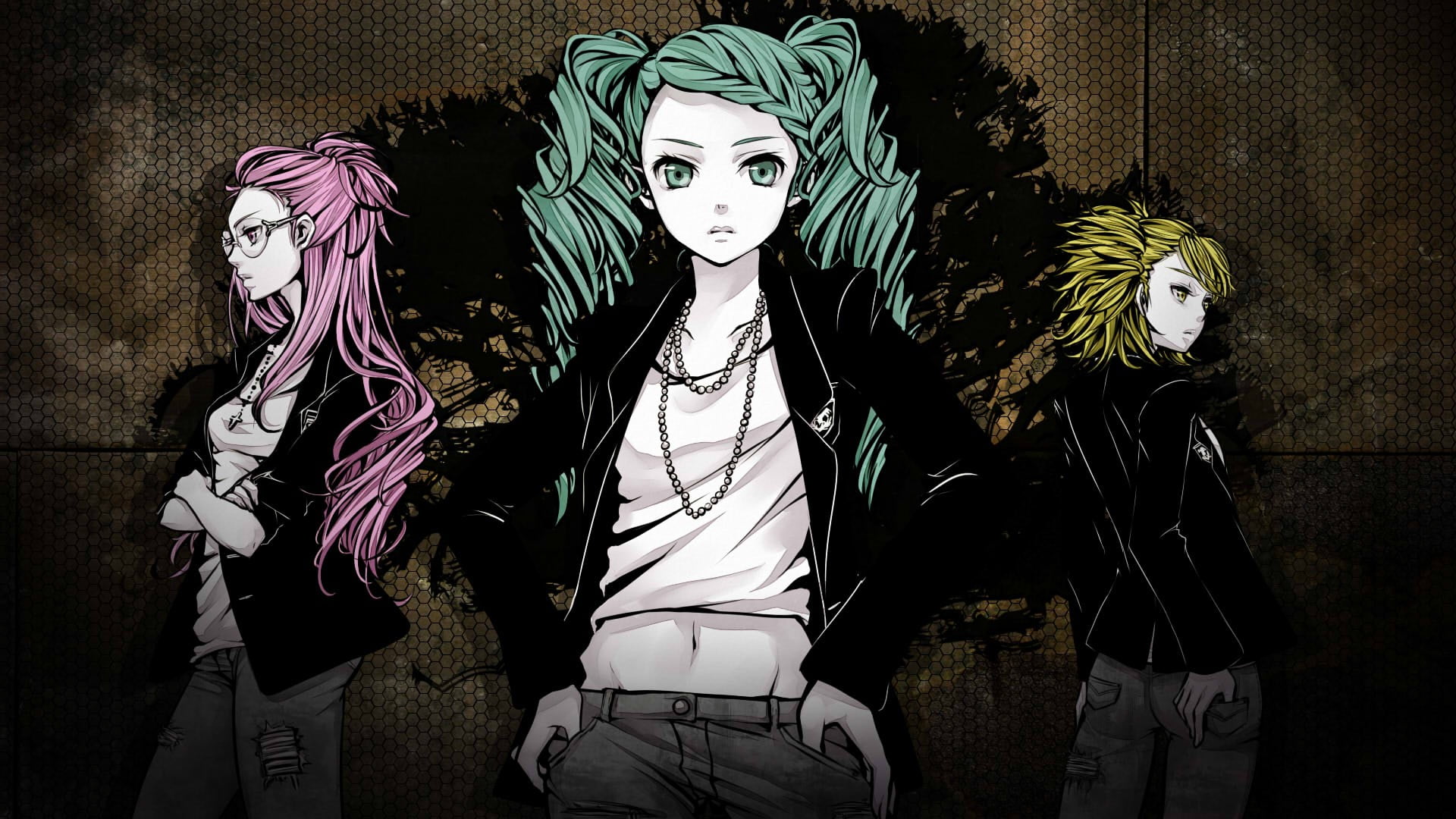 people, built structure, front view, jacket, Kagamine Rin, indoors, costume, male likeness, pink eyes, women, Hatsune Miku, twintails, Megurine Luka, bangs, HD Wallpaper