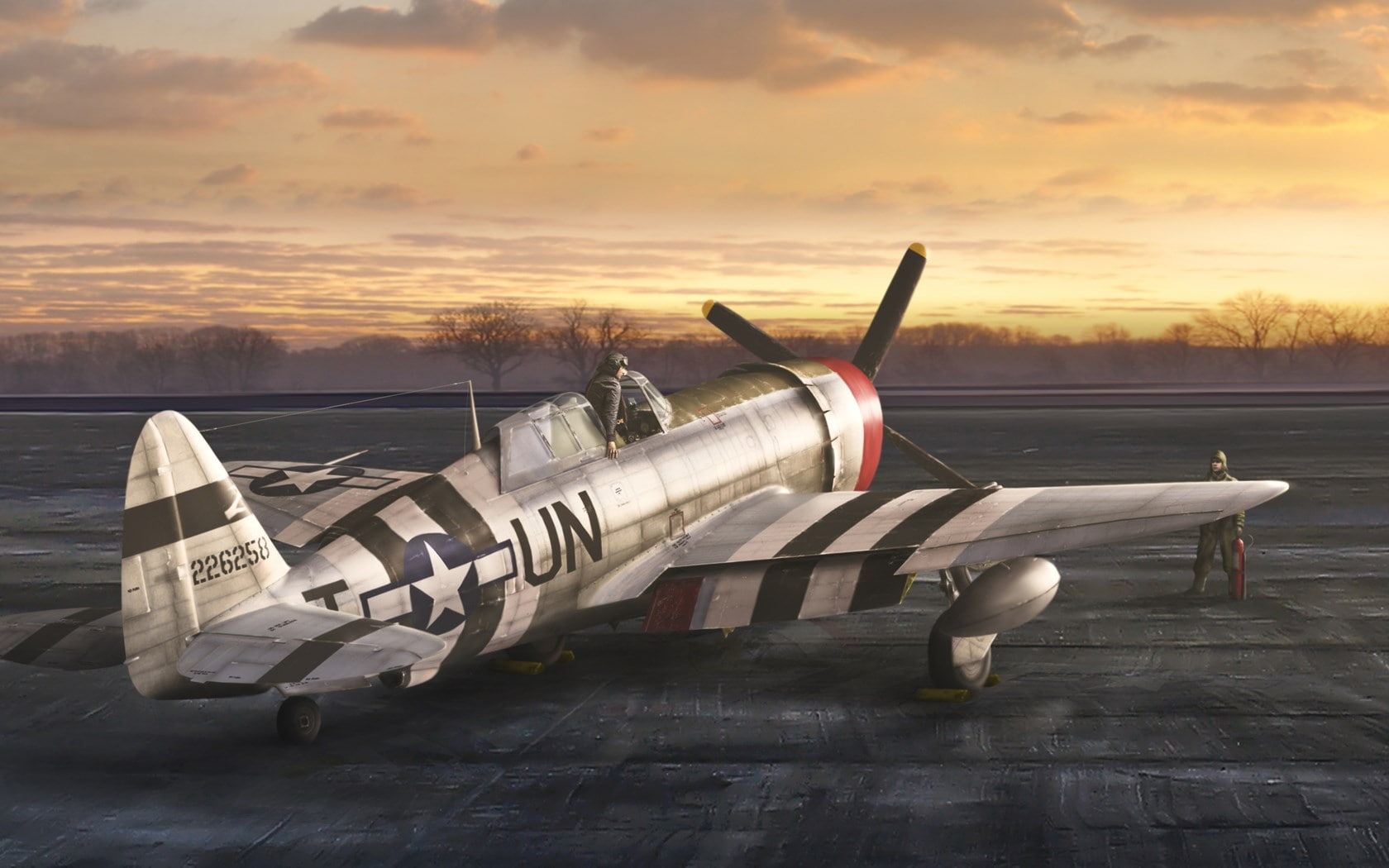 propeller, stationary, orange color, no people, aerospace industry, mode of transportation, sunset, nature, airplane, republic p 47 thunderbolt, sky, side view, HD Wallpaper