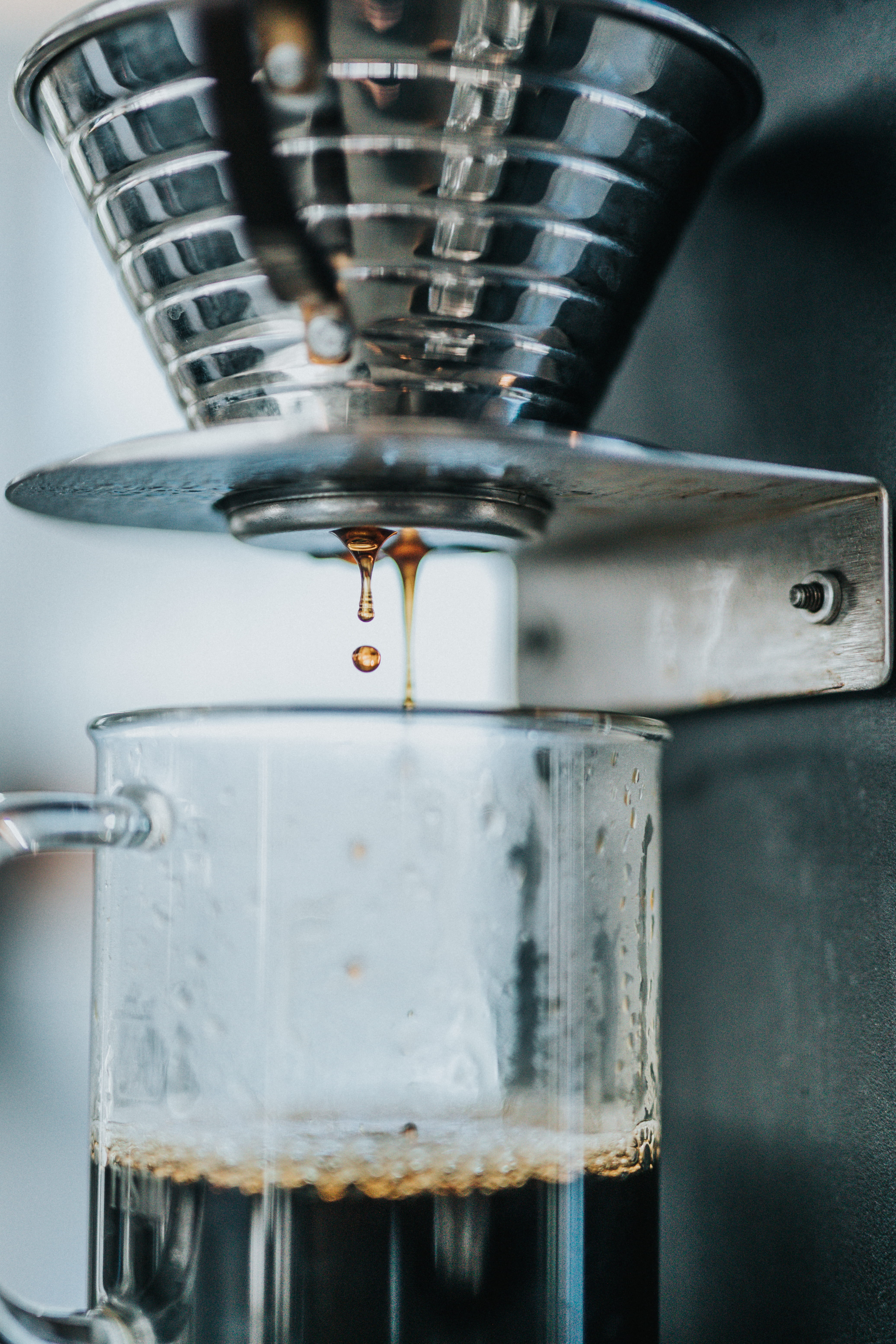 coffeemaker, mug, close-up, drip, water, photography, machinery, household equipment, flowing, silver, coffee maker, filled, shallow, glass, steel, 5K, Phone HD Wallpaper