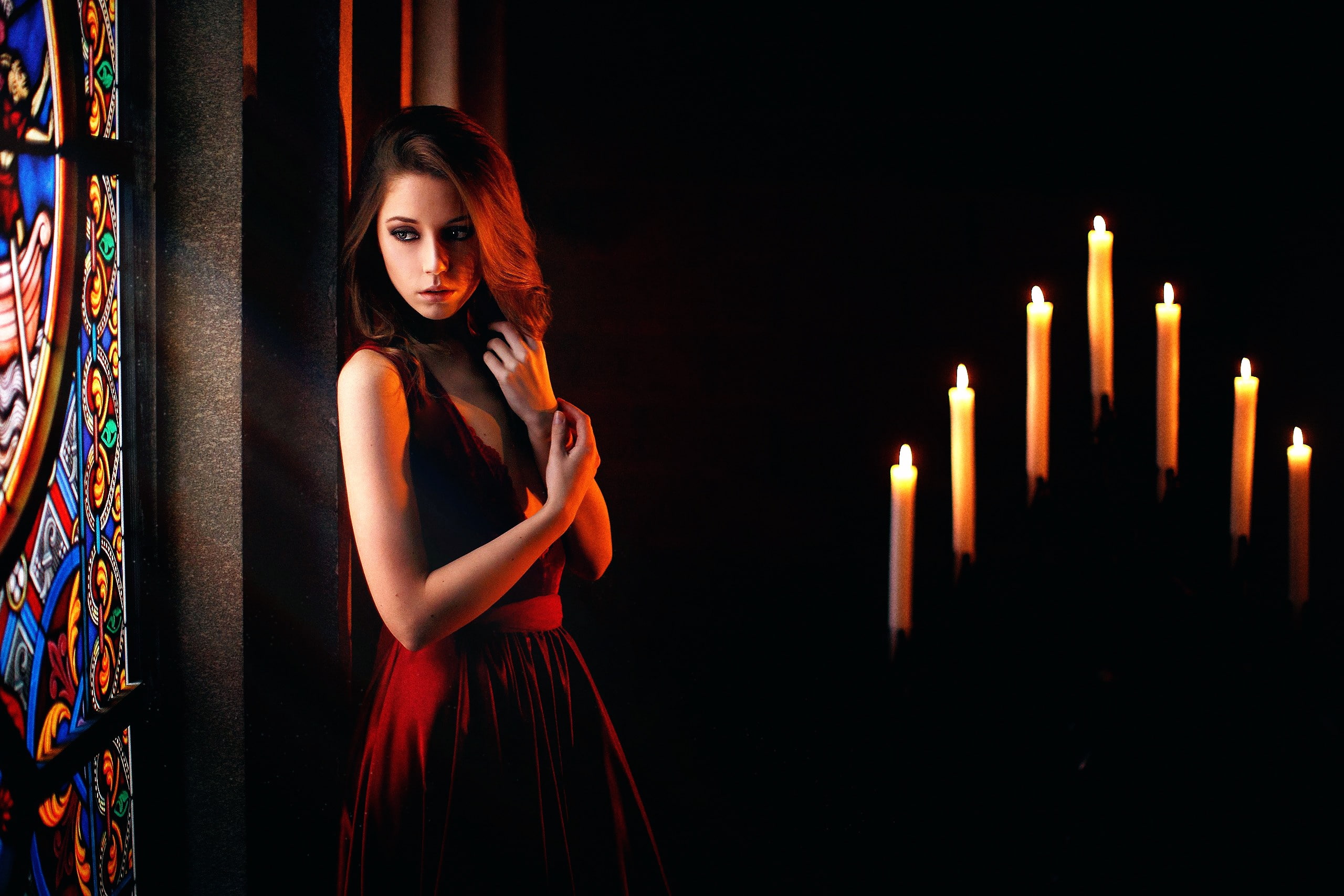 stained glass, sadness, 2K, Kseniya Kokoreva, candles, neckline, HD Wallpaper