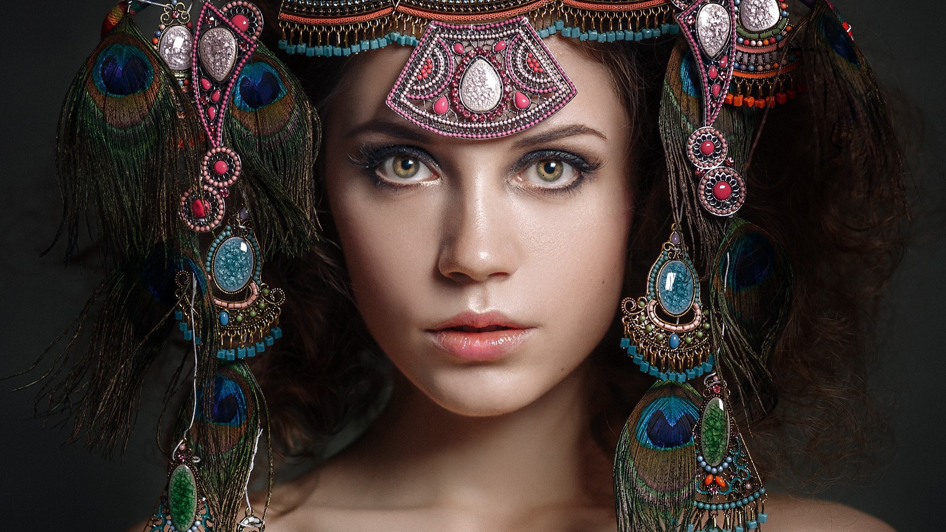 Kseniya Kokoreva, portrait, Nastassja Parshina, look, 1080P, face, style, decoration, feathers, HD Wallpaper