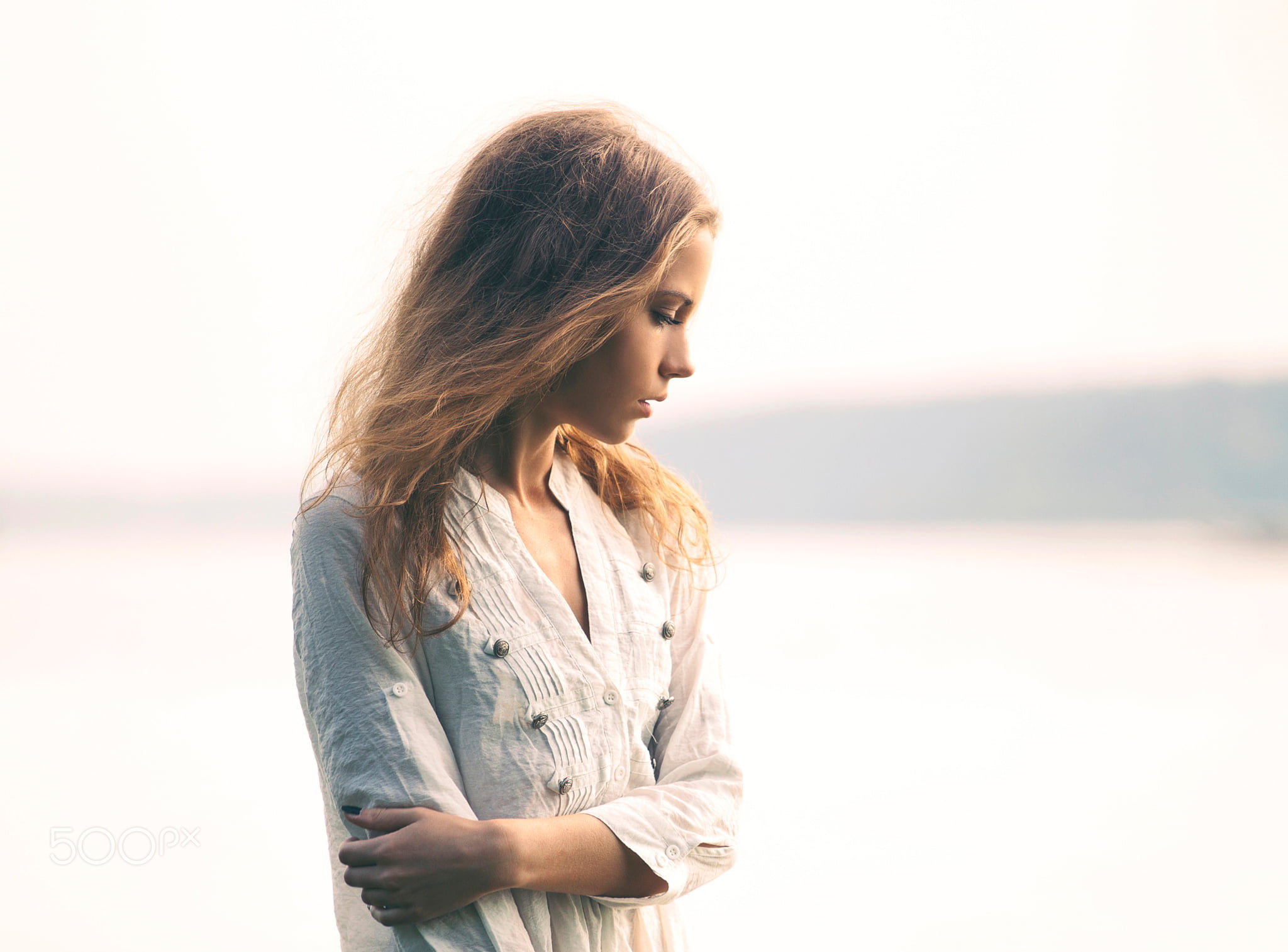 long hair, profile, beauty, women, portrait, looking, standing, shirt, young adult, beautiful woman, beautiful people, 1080P, positive emotion, contemplation, HD Wallpaper
