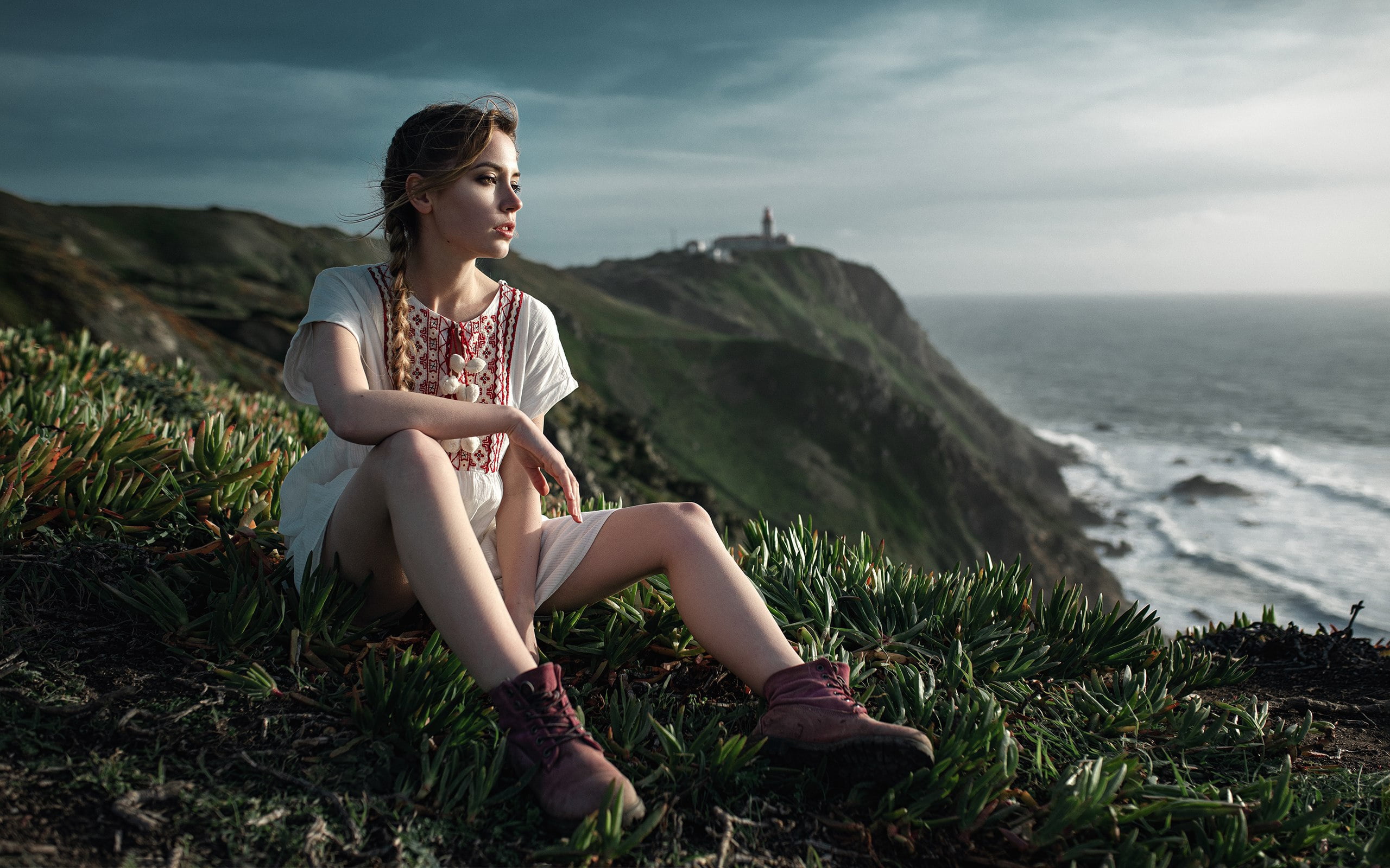 sea, Yuri Lyamin, Kseniya Kokoreva, pose, braid, girl, coast, 2K, shoes, feet, HD Wallpaper