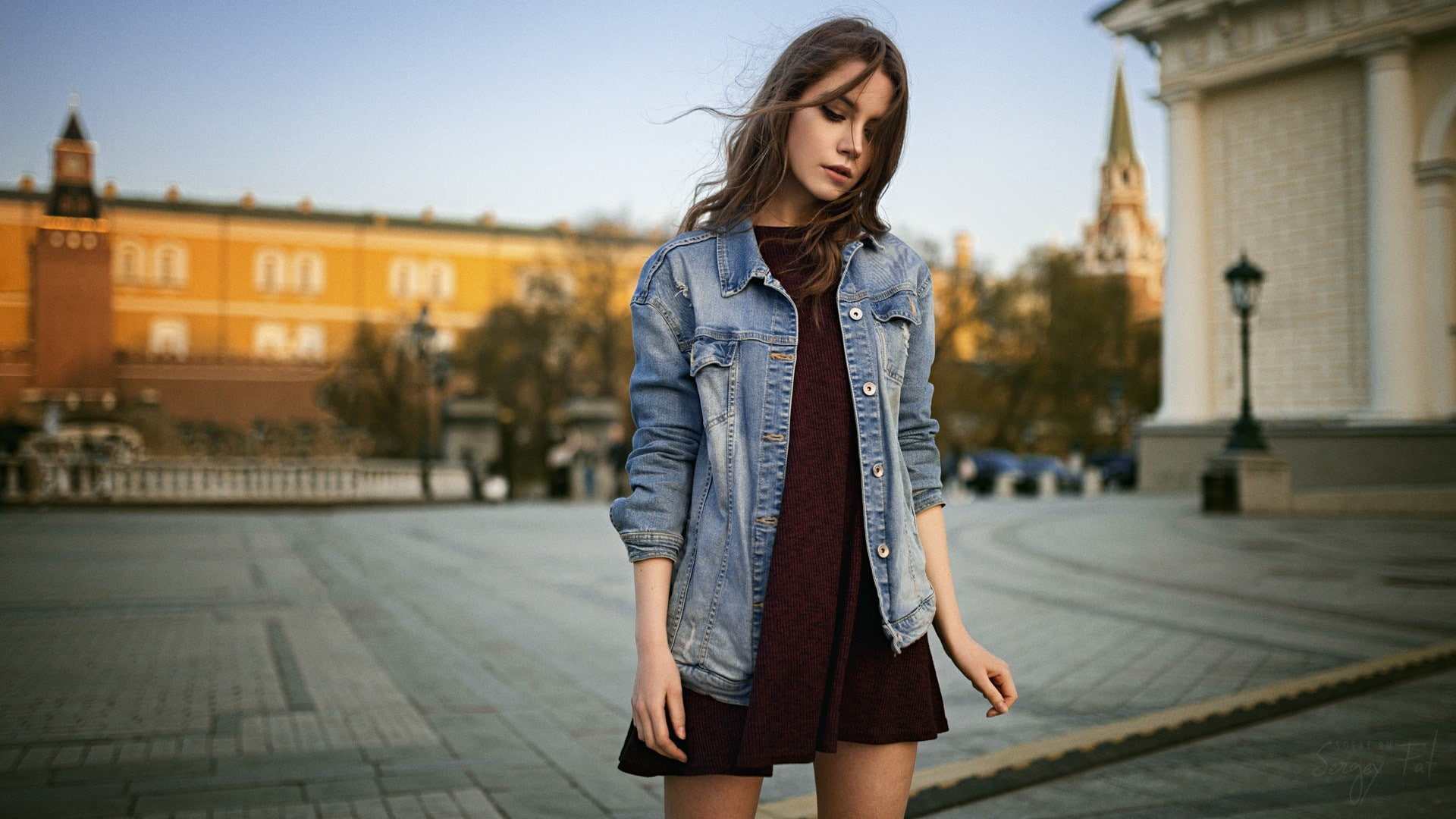 Ksenia Kokoreva, 1080P, portrait, hair in face, Sergey Fat, women, dress, jeans jacket, women outdoors, HD Wallpaper