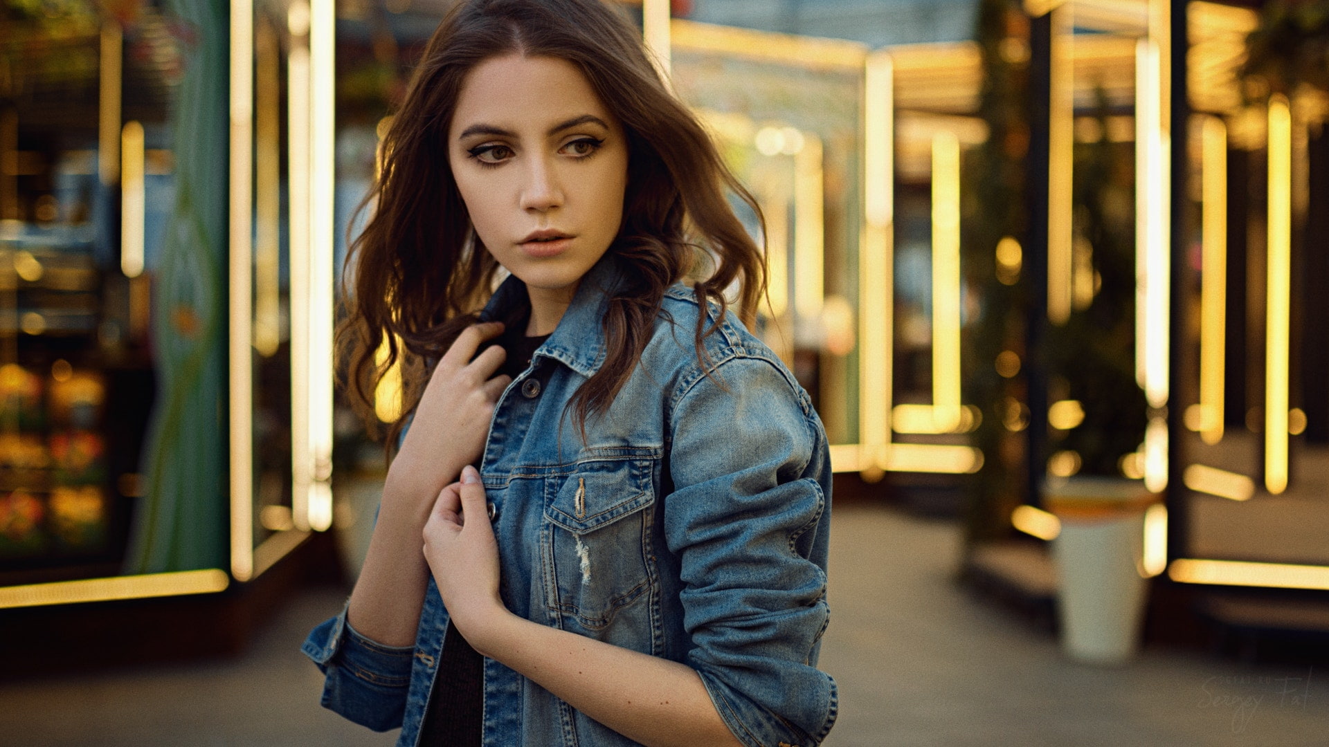 looking away, brunette, jeans jacket, women, Sergey Fat, Ksenia Kokoreva, model, 1080P, HD Wallpaper