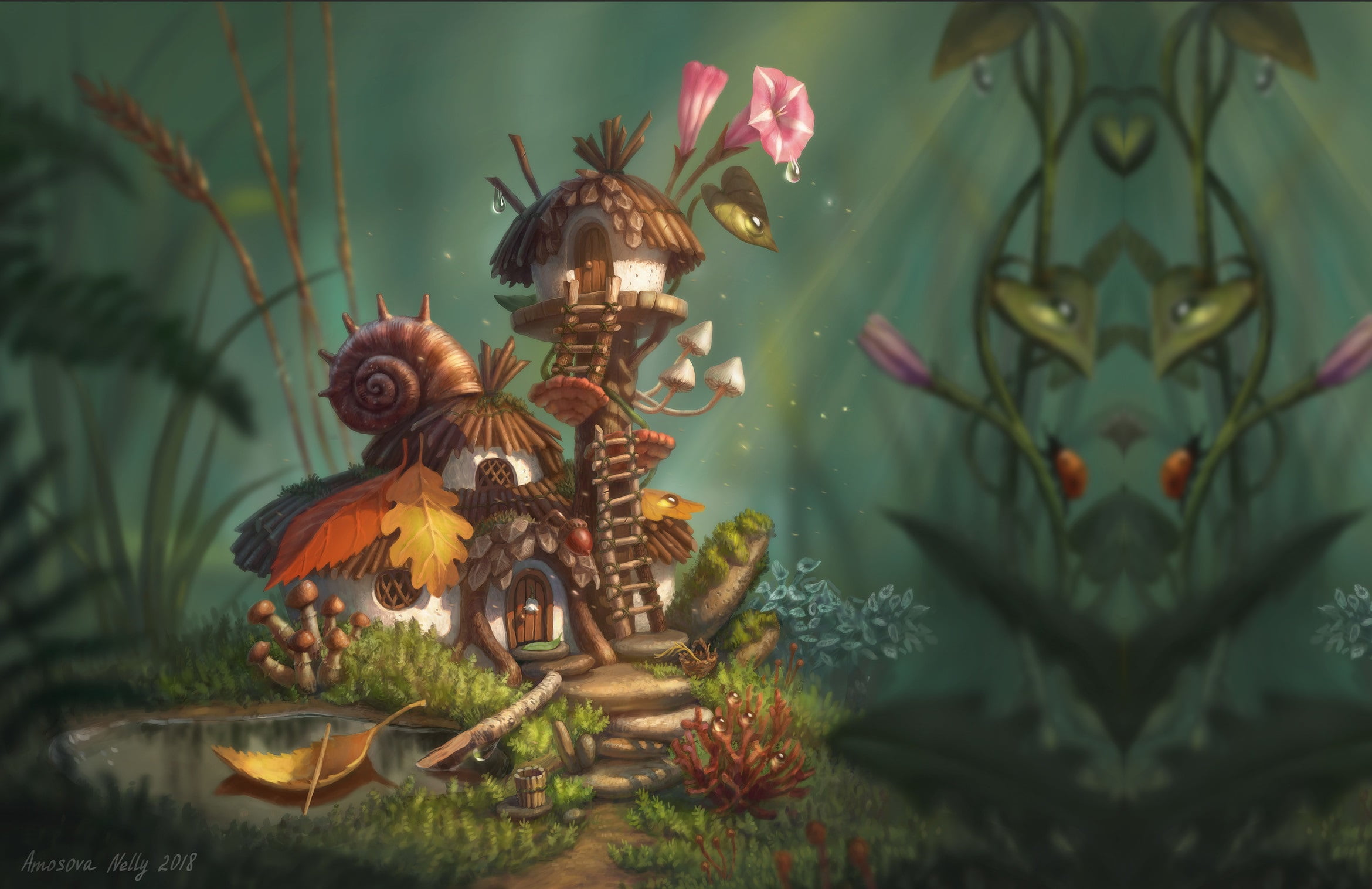 Nelly Amosova, house, art, 1080P, Fairys house, Rosa, childrens, summer, fantasy, morning, HD Wallpaper