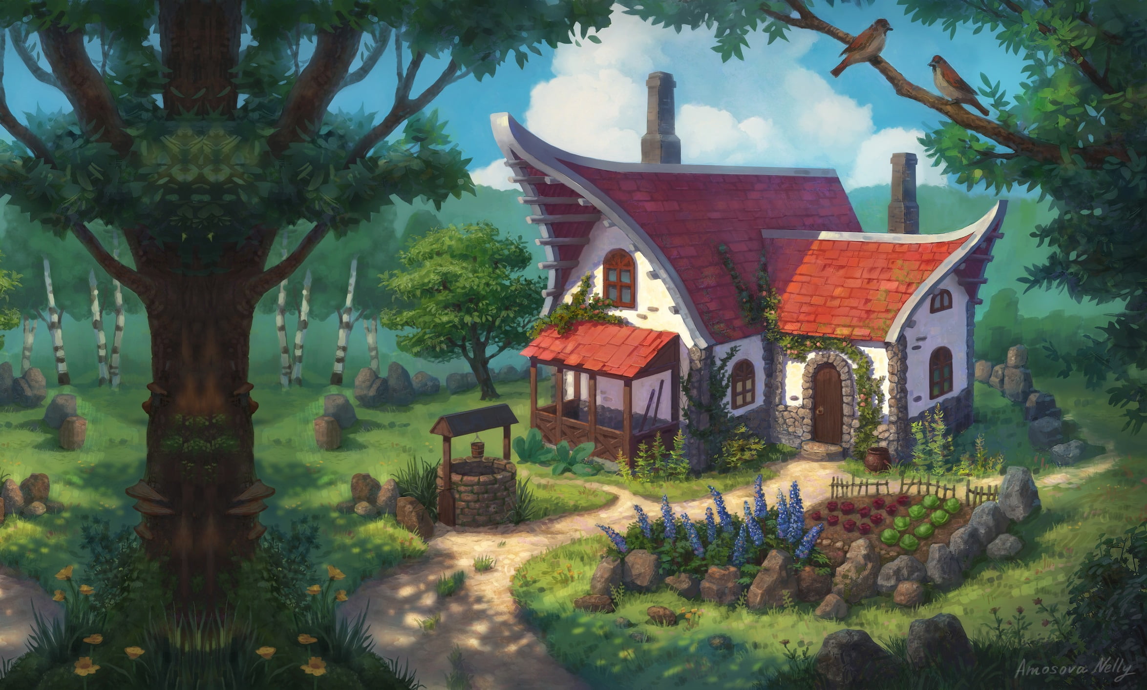 Nelly Amosova, Fantasy sketch, childrens, house, forest, fantasy, art, 1080P, the garden, HD Wallpaper