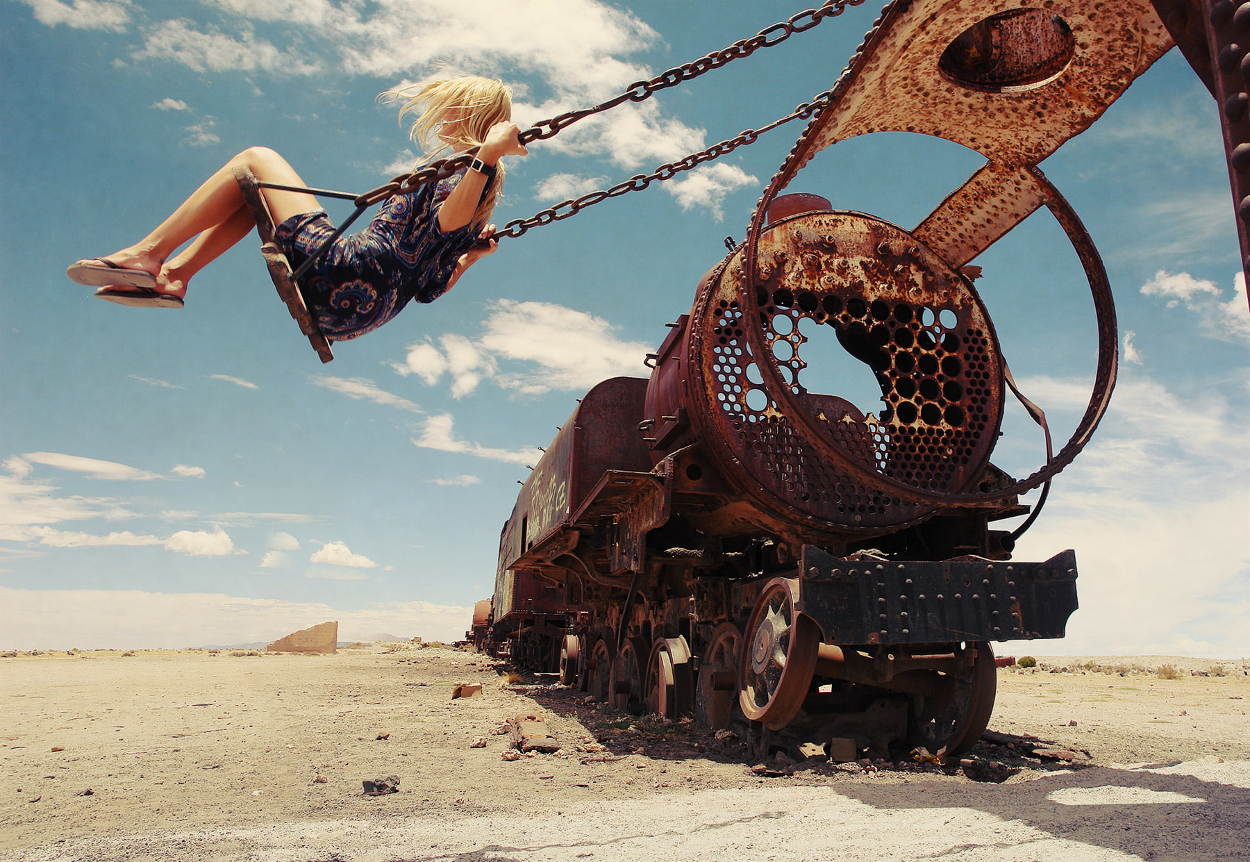 swings, long hair, flip flops, rust, women, stones, vehicle, 720P, model, desert, metal, blonde, Petr Lovygin, clouds, wreck, locomotive, wheels, sand, HD Wallpaper