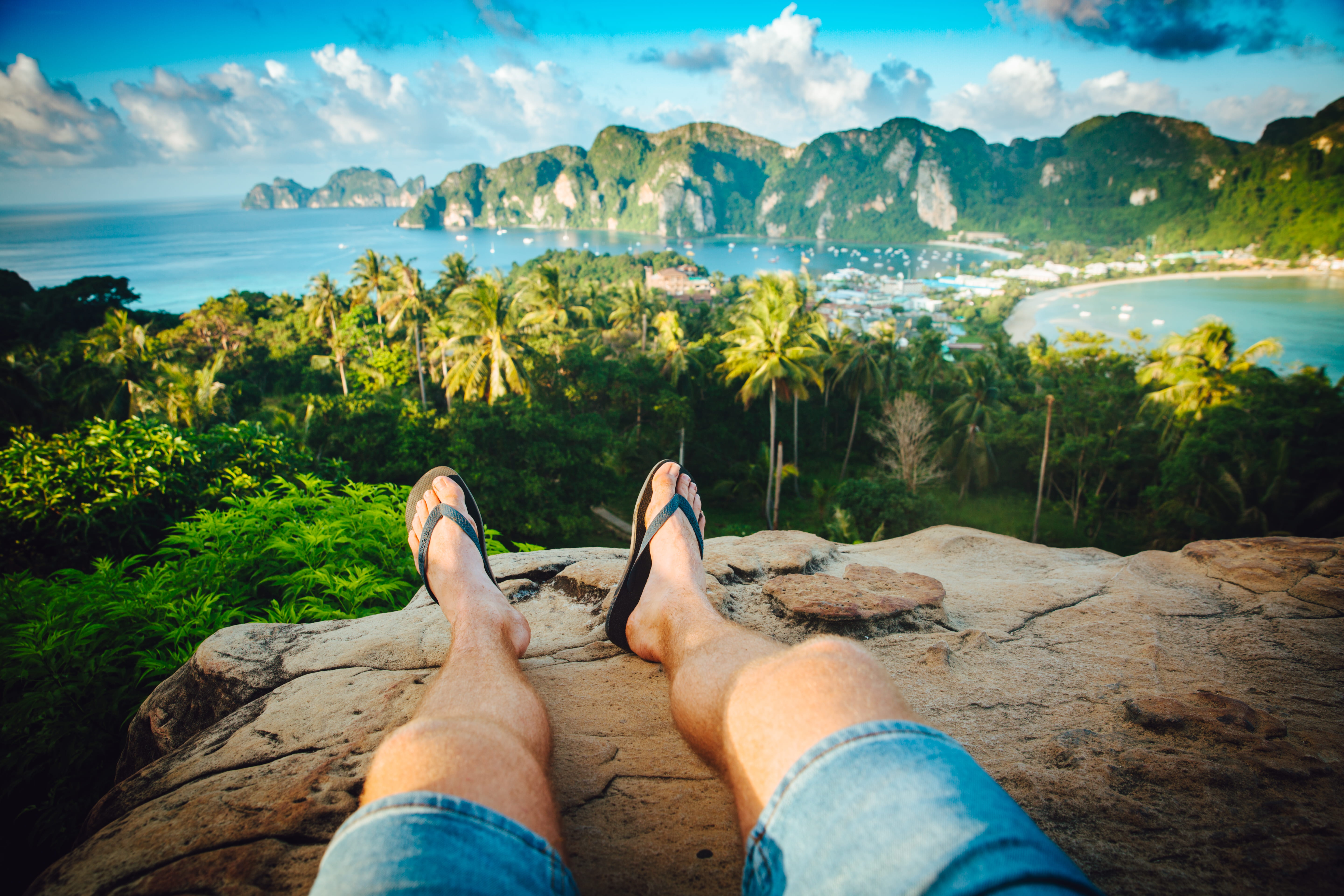 beauty in nature, feet, plant, black, water, sea, limb, beach, personal perspective, flipflop, rock, sky, outdoors, relaxation, tree, cloud, low section, HD Wallpaper