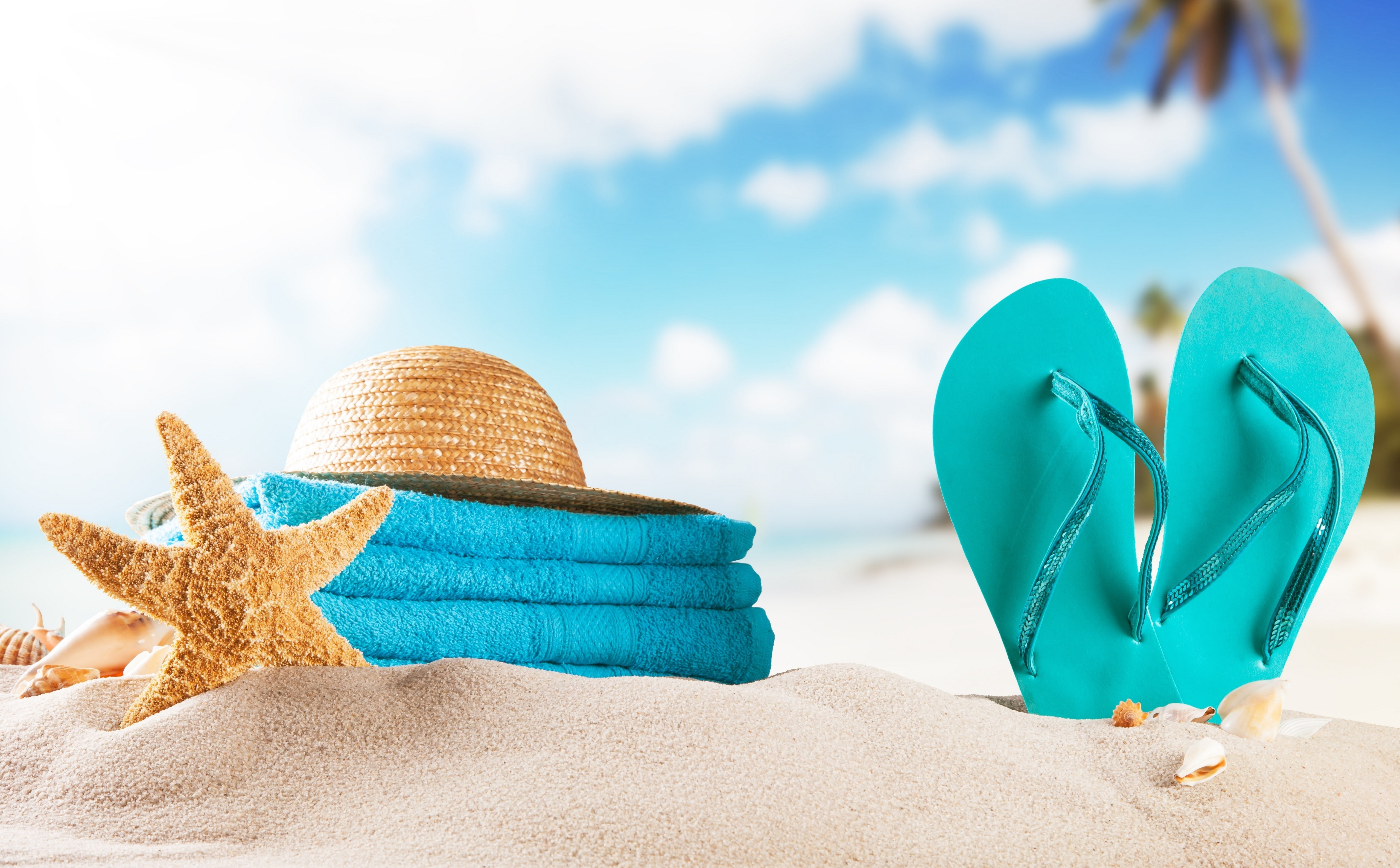 nature, cloud - sky, water, close-up, Summertime, sky, hat, blue, Sand, Daytime, background, vacations, Beach, Vacation, sea, towels, Seasons, Starfish, HD Wallpaper