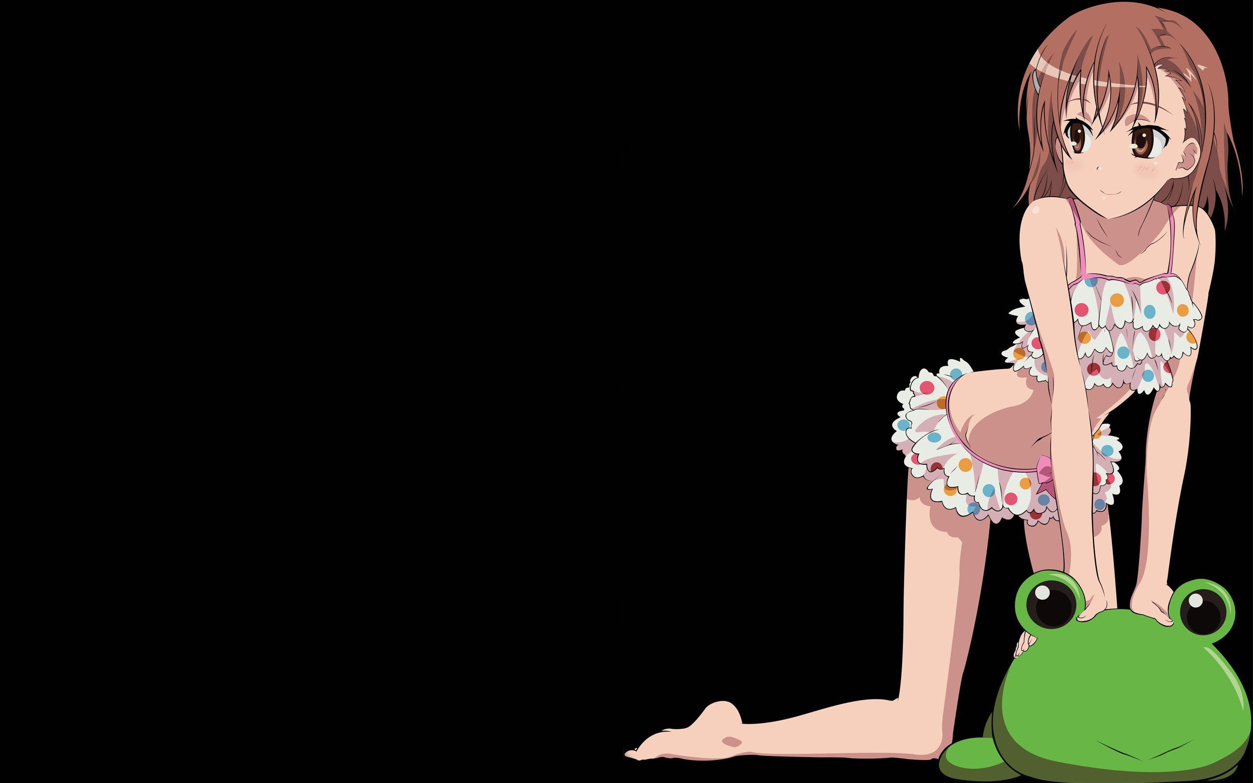 art, anime, railgun, hd, short hair, swimsuits, 2K, kagaku, misaka, aru, mikoto, black, short, ar, girls, background, hair, animals, frogs, HD Wallpaper