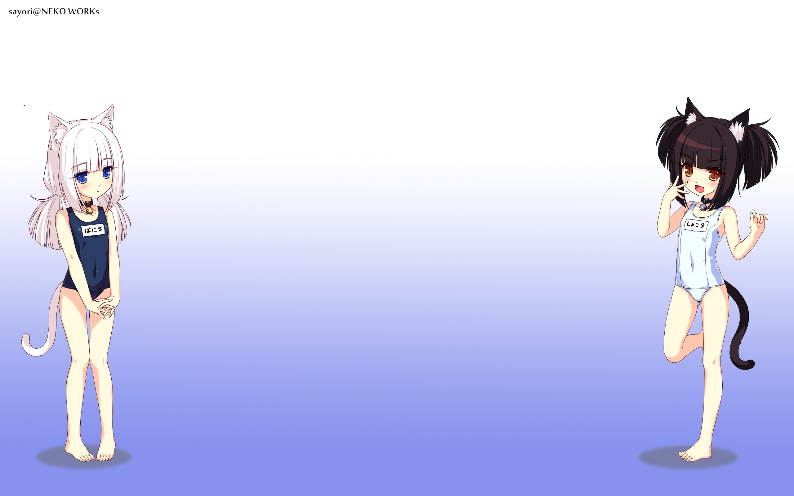 tail, eyes, loli, blush, blue, long, swimsuit, chest, original, girls, collar, hair, barefoot, flat, photoshop, white, 2K, black, sayori, catgirl, short, HD Wallpaper
