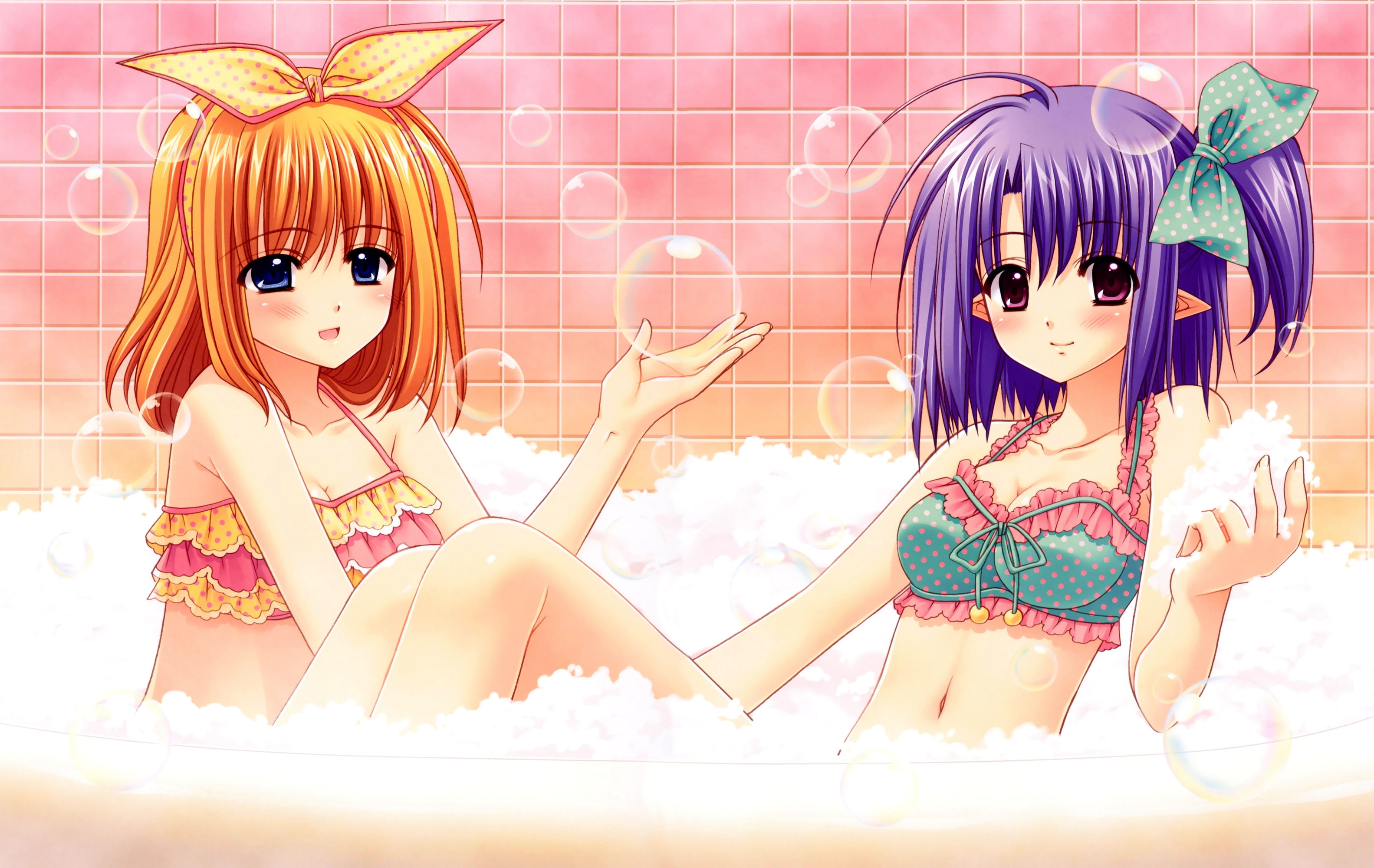 nishimata, bikini, bathtub, girls, daisy, kaede, cleavage, aoi, swimsuit, fuyou, purple, bath, 2K, hair, orange, shuffle, HD Wallpaper