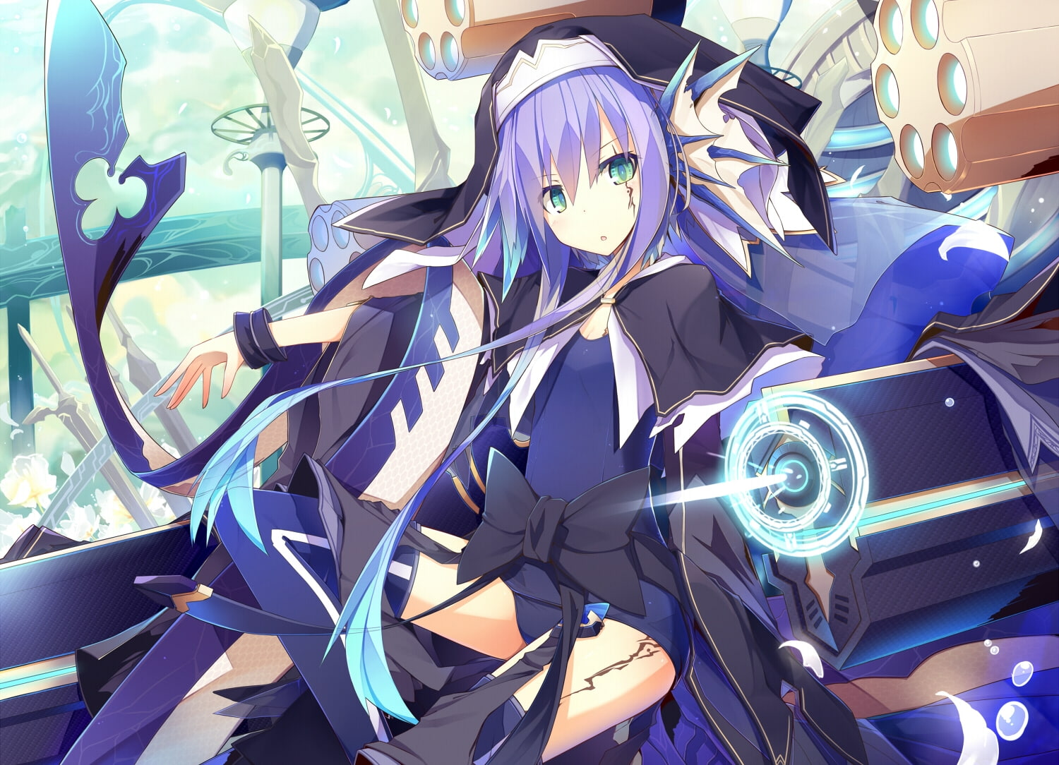 eyes, 720P, green, ichiyan, bow, original, tattoo, ears, purple, hair, long, thighhighs, animal, swimsuit, hat, school, HD Wallpaper