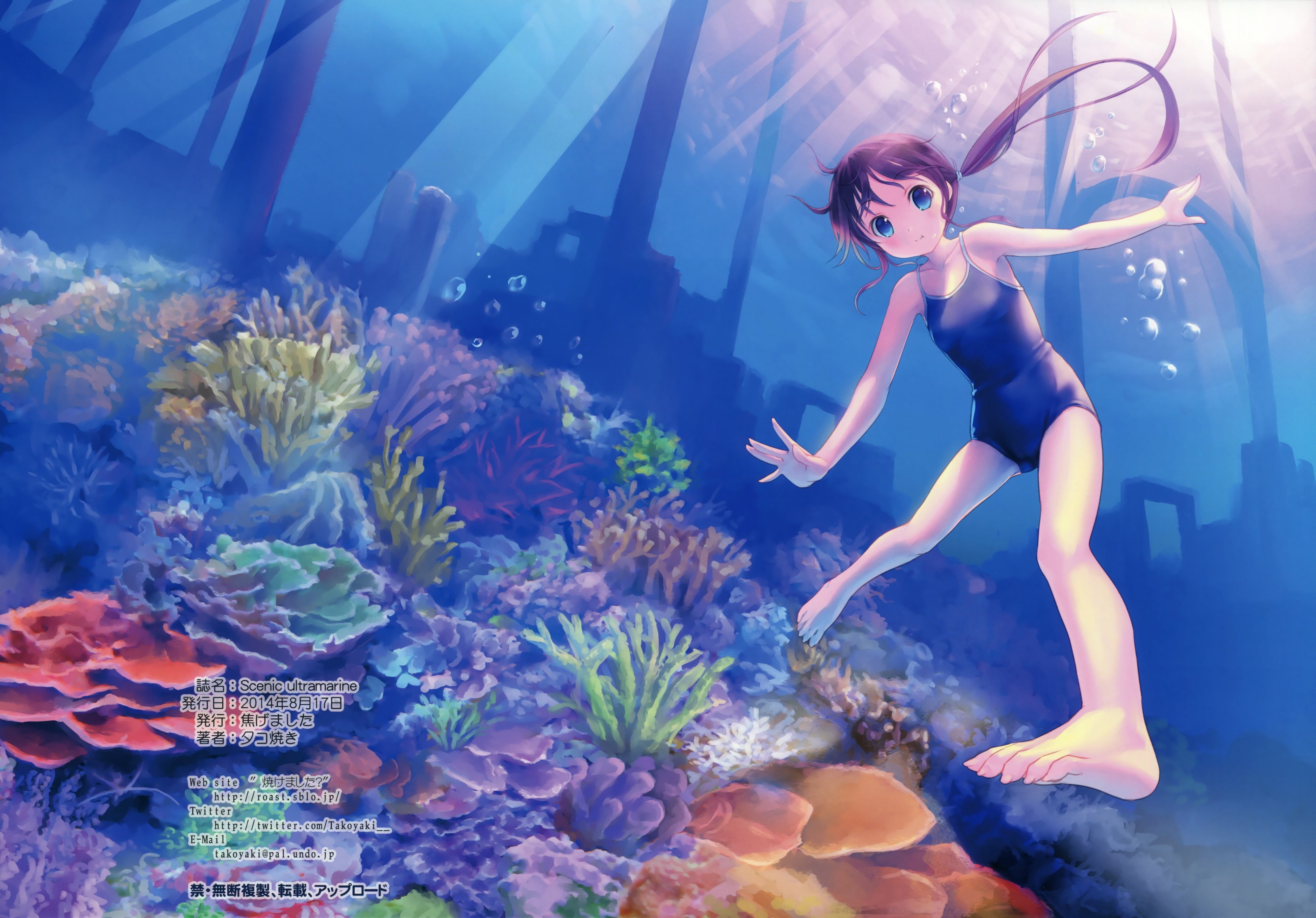 brown, swimsuit, underwater, 4K, blue, roast, school, scan, eyes, original, water, takoyaki, hair, HD Wallpaper