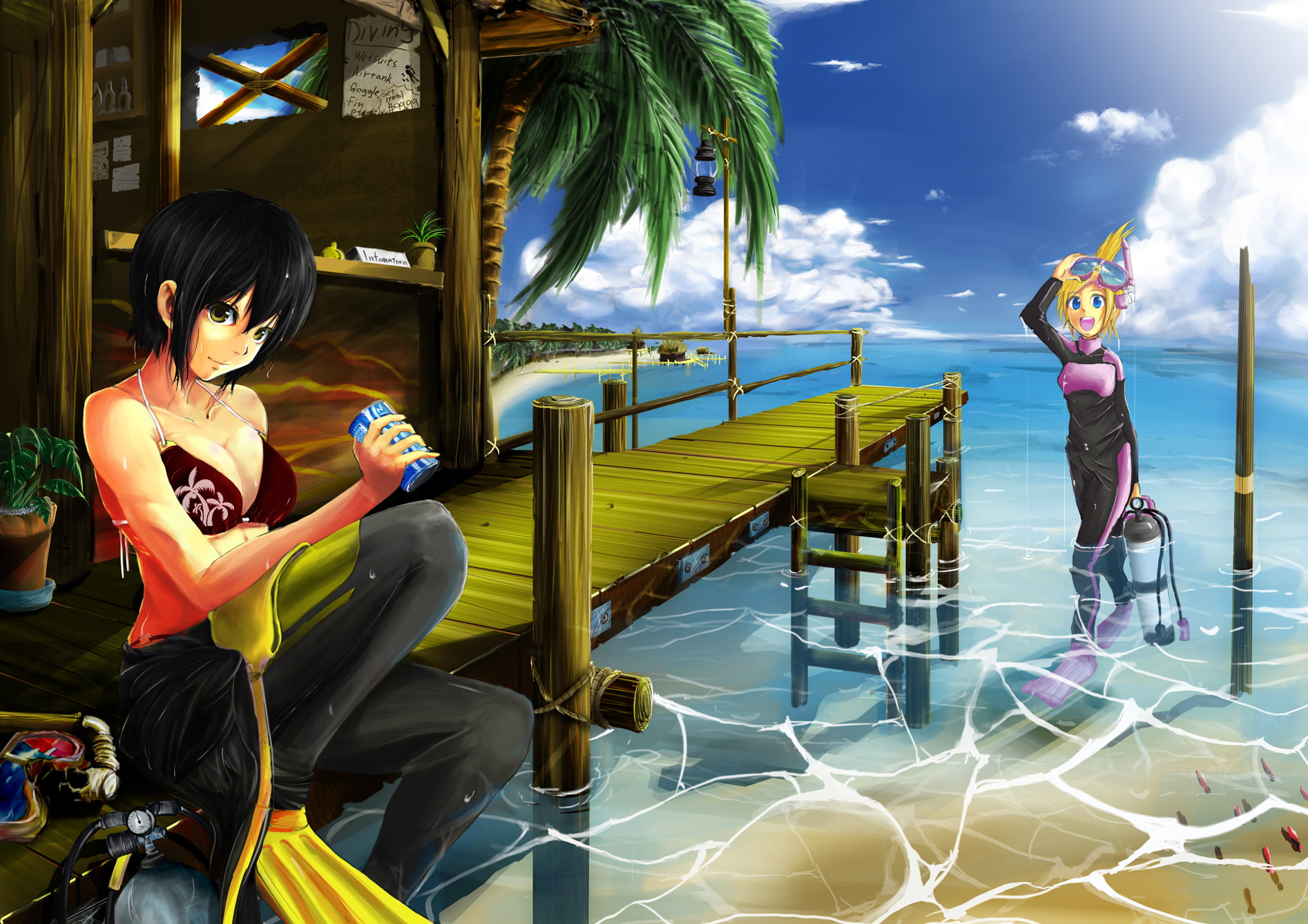 hair, animal, black, clouds, original, yellow, cleavage, girls, fish, eyes, 720P, swimsuit, water, summer, goggles, wet, short, drink, blonde, blue, tree, HD Wallpaper