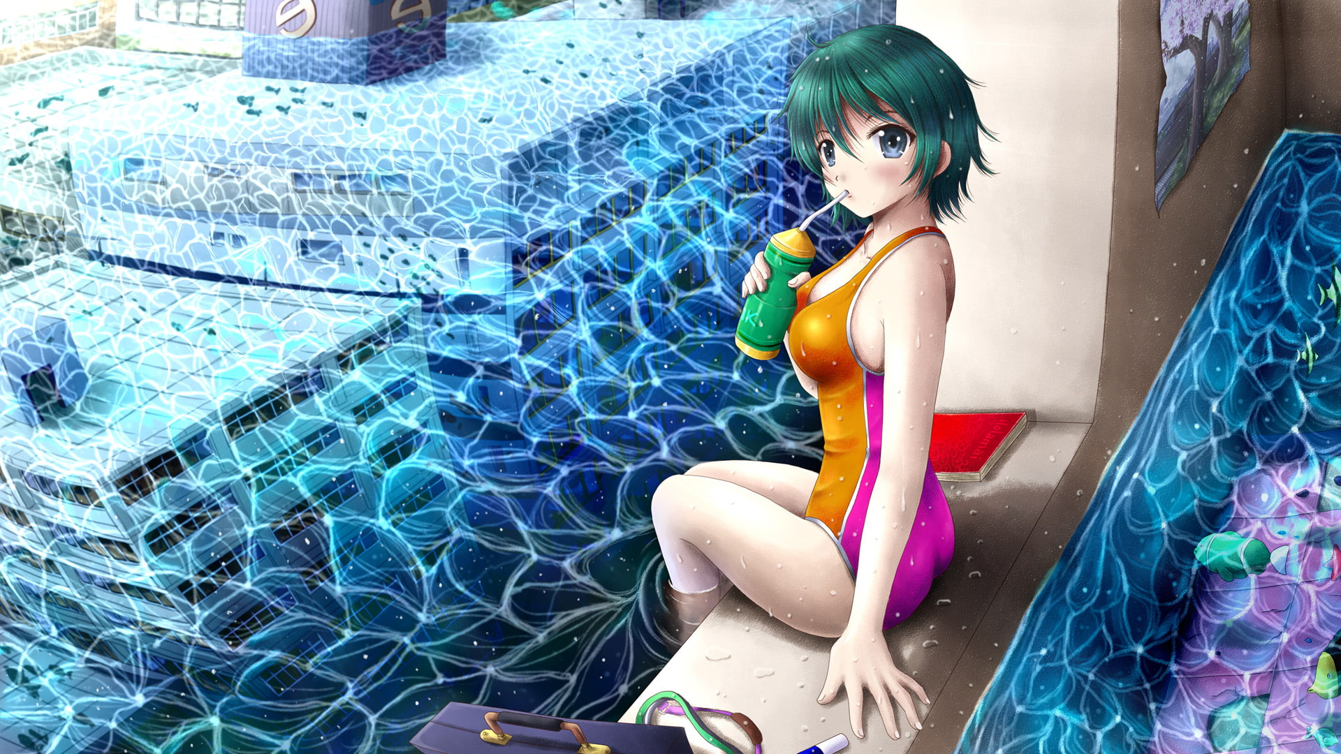 swimsuit, ilolamai, hair, wet, green, 1080P, tagme, original, water, HD Wallpaper