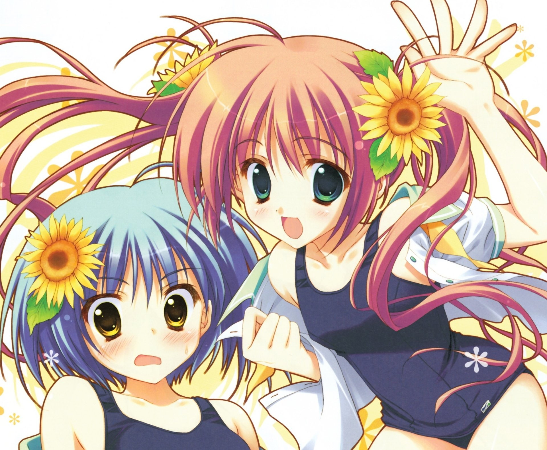 1080P, Anime, Short Hair, Yellow Eyes, Blue Hair, Blush, Sunflower, Swimsuit, Twintails, Original, HD Wallpaper