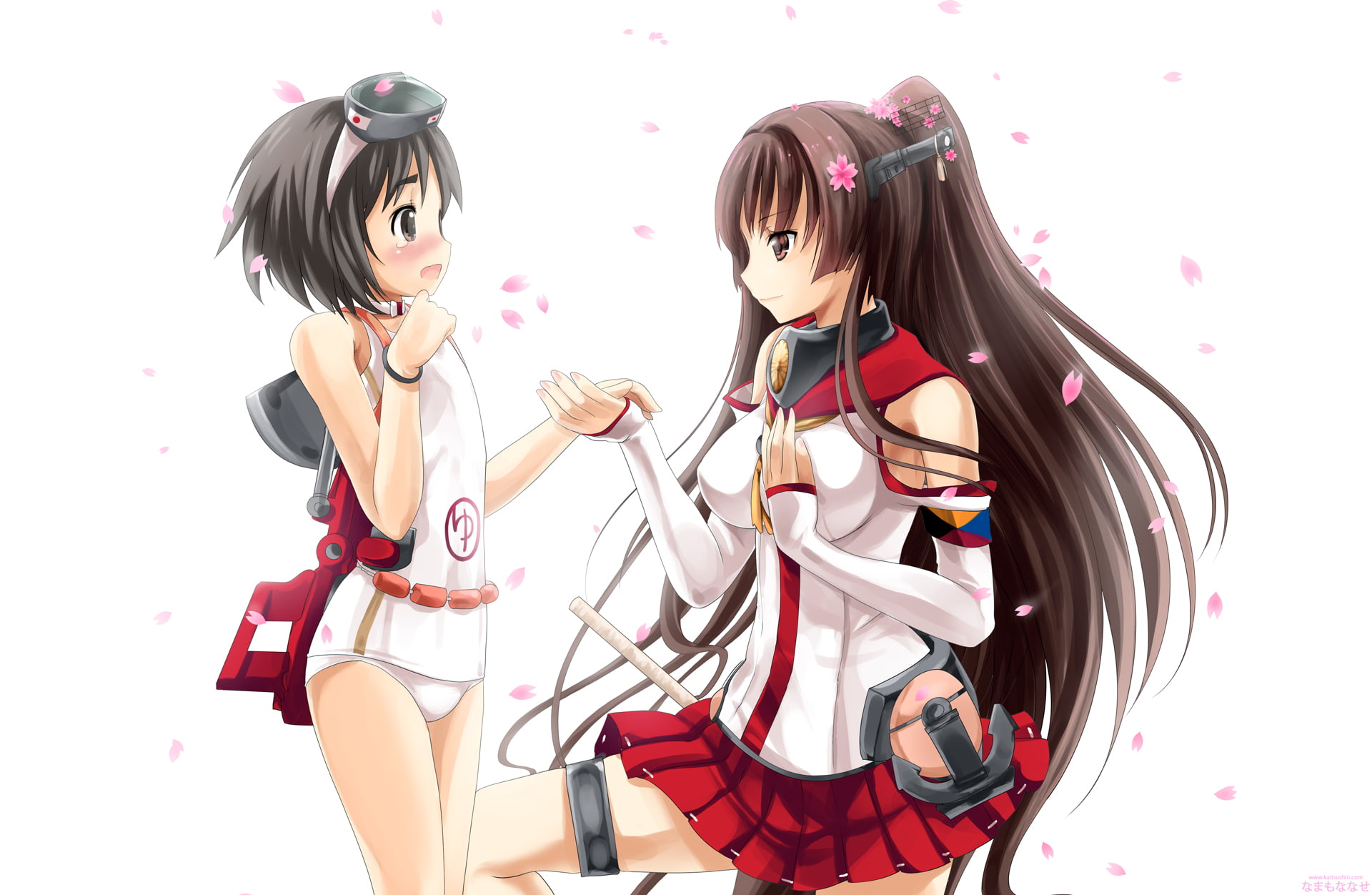 kancolle, swimsuit, short, 1080P, brown, kantai, black, nanase, yamato, girls, long, hair, collection, school, ponytail, namamo, petals, eyes, blush, HD Wallpaper