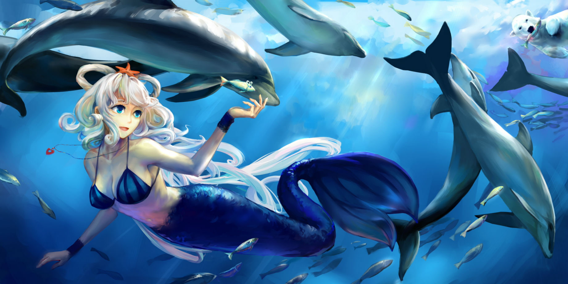 dolphin, top, luo, underwater, jiaoshouwen, tianyi, 720P, fish, animal, mermaid, bikini, necklace, vocaloid, HD Wallpaper