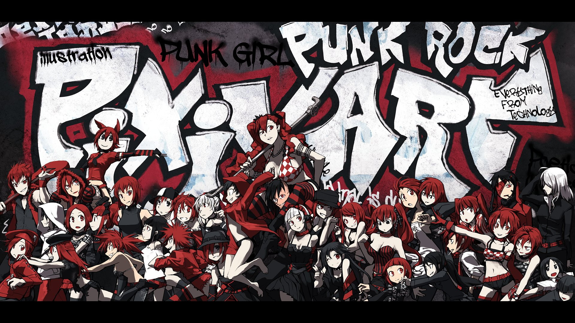tie, pixiv, hat, 1080P, choker, rock, group, short, bikini, punk, masariro, wink, instrument, eyes, gloves, graffiti, skirt, hair, tattoo, long, dress, HD Wallpaper