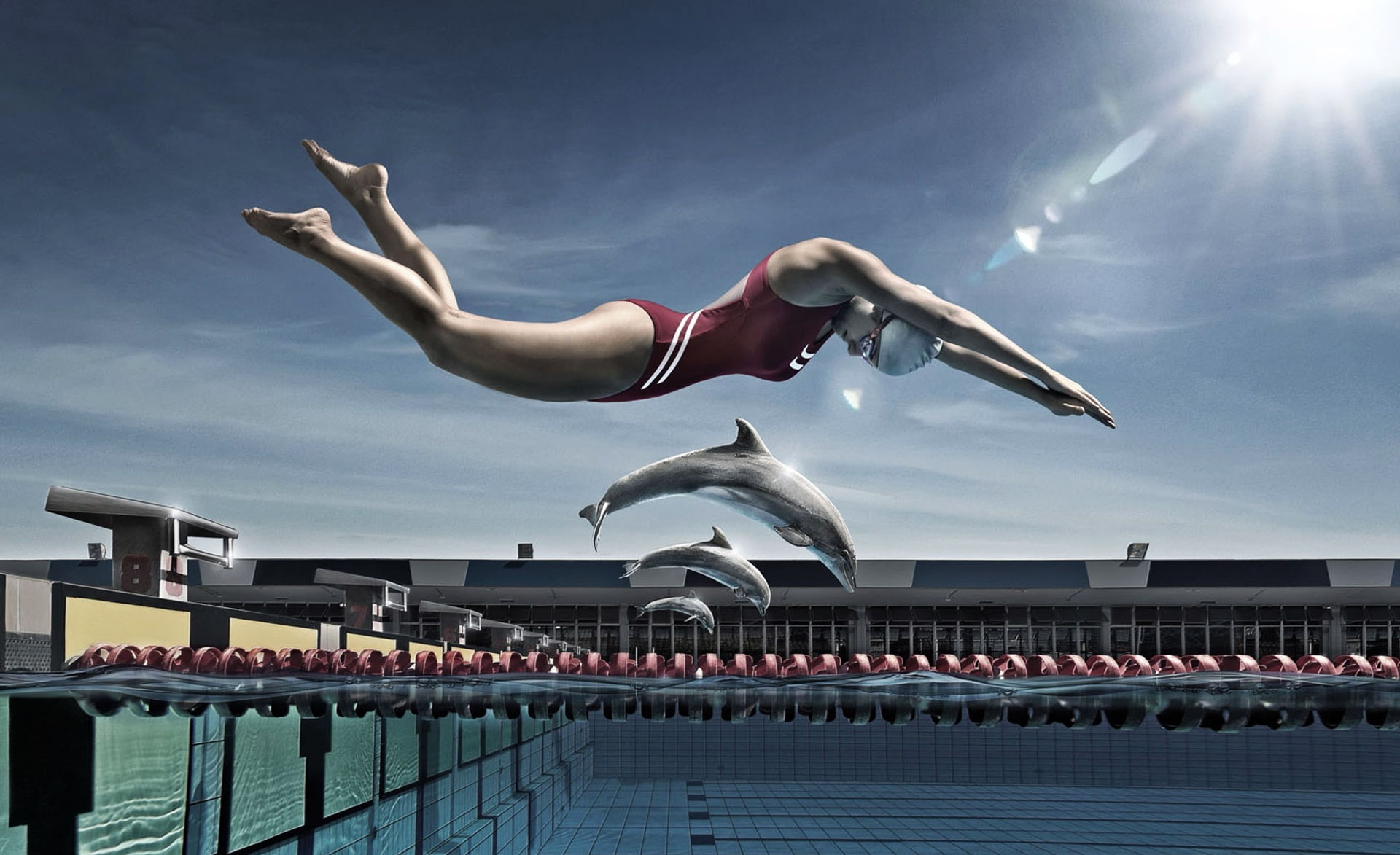 jumping, mid-air, 1080P, outdoors, sky, With, track and field, day, red, sport, Race, Funny, motion, running track, competition, full length, architecture, HD Wallpaper