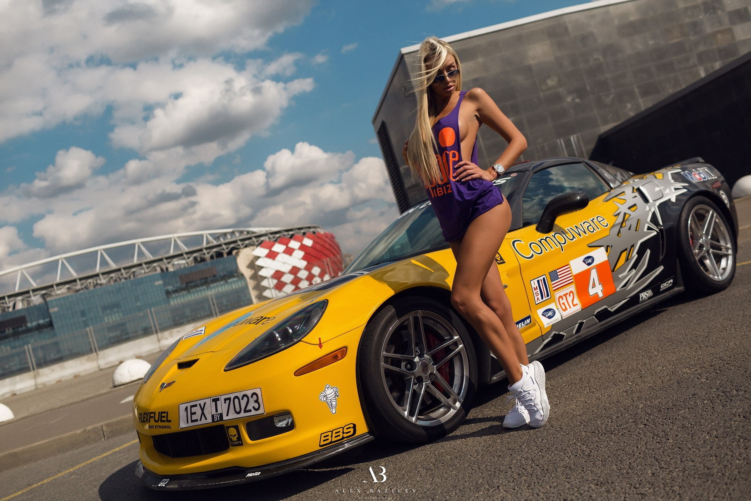 motor vehicle, coupe, women, sky, helmet, slim, transportation, hairstyle, clouds, 2K, land vehicle, sneakers, makeup, asphalt, Mike, wheel, Alex Bazilev, HD Wallpaper