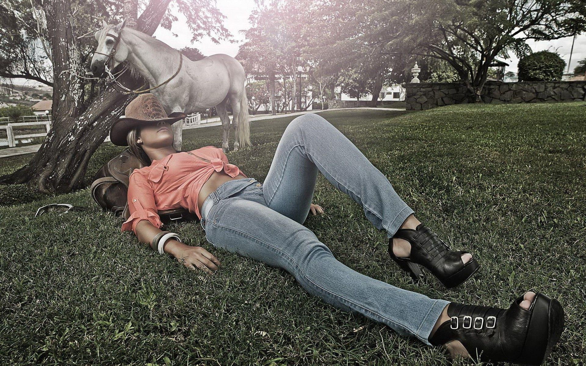 blue, woman, brown, girls, women, modern, denim, 1080P, s, jeans, cowgirl, 1920x1200, hat, HD Wallpaper