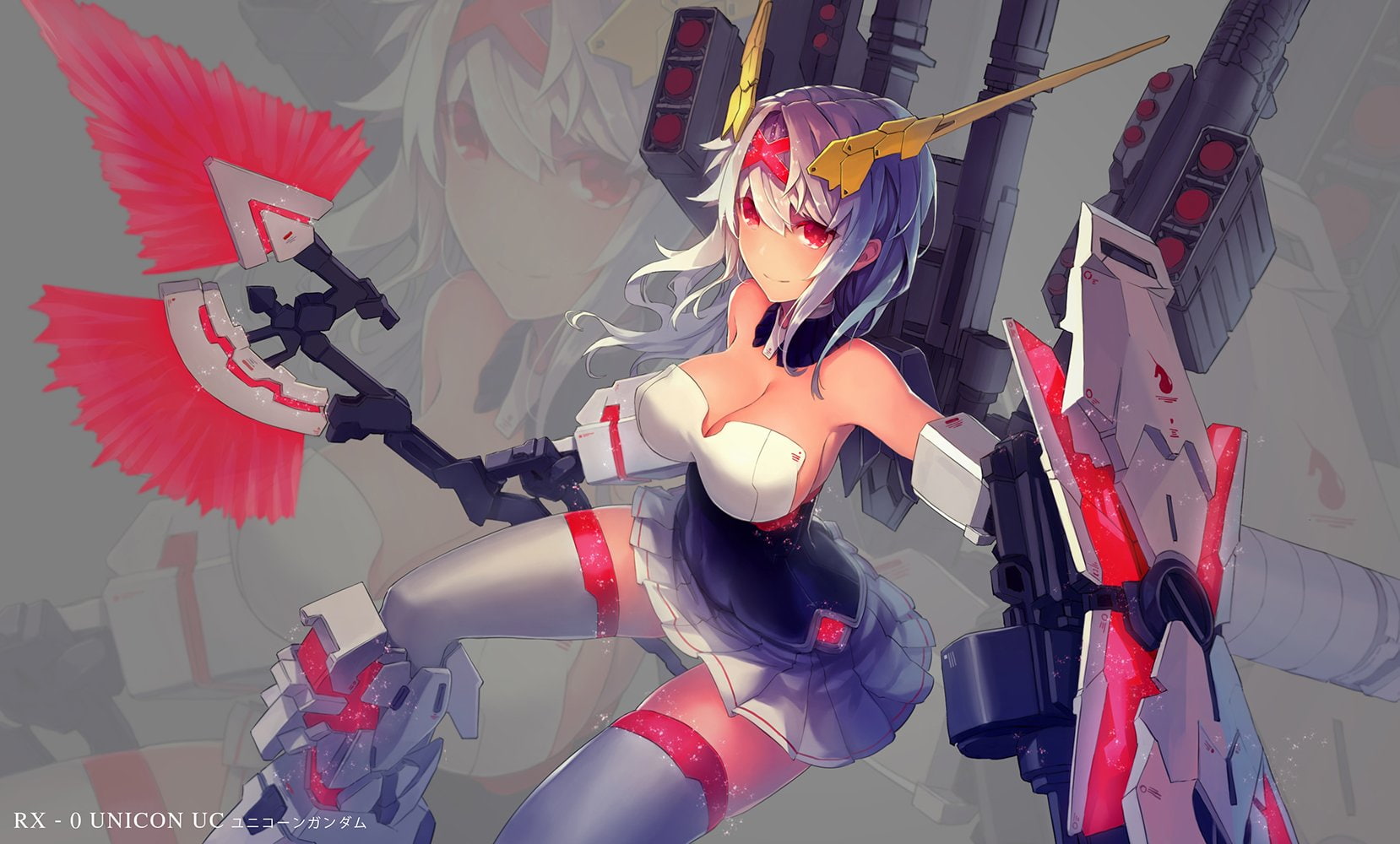 eyes, anthropomorphism, layer, white, long, zoom, red, felix, cleavage, hair, weapon, thighhighs, mechagirl, skirt, (felix901123), 720P, breasts, choker, HD Wallpaper