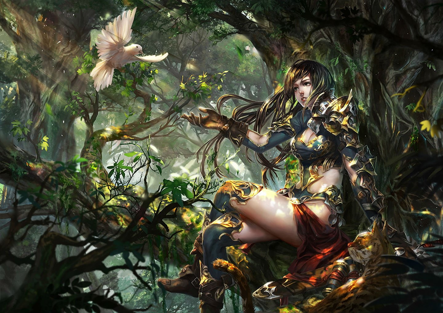 bird, hair, breasts, gloves, forest, original, baraba, thighhighs, black, 720P, cleavage, animal, long, armor, tree, baba, HD Wallpaper