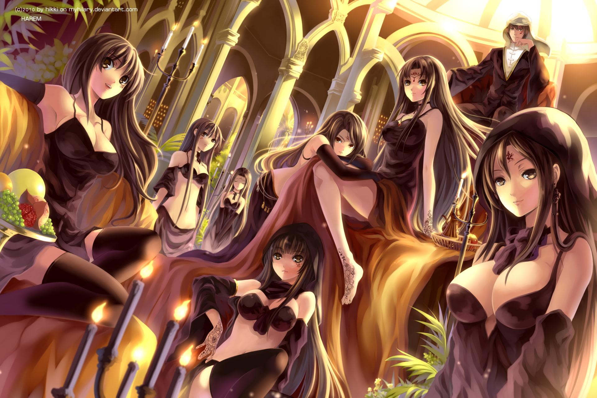 brown, hair, original, black, eyes, myhilary, breasts, dress, thighhighs, group, 1080P, long, HD Wallpaper