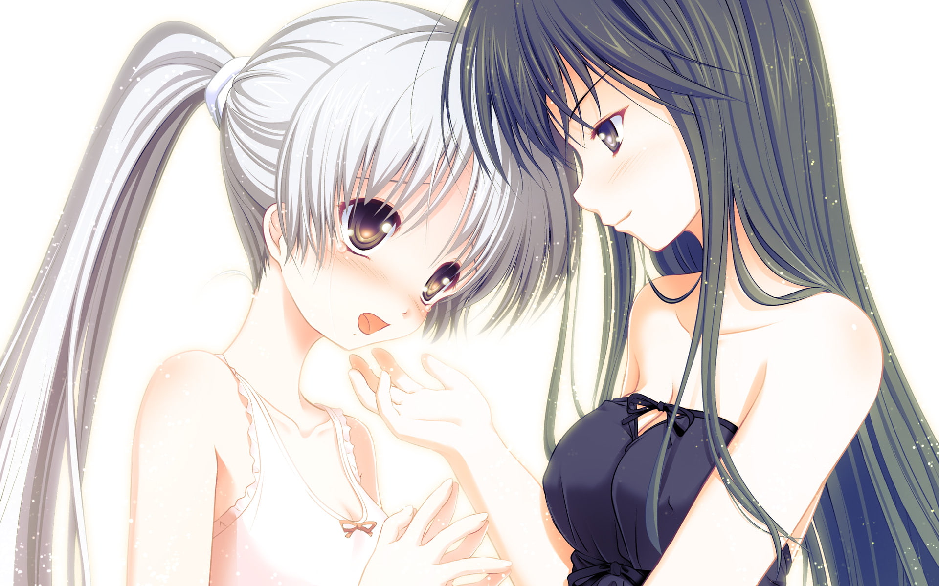 tears, black, original, 1080P, breasts, hair, girls, blush, eyes, yuu, yuunagi, gray, ponytail, long, HD Wallpaper