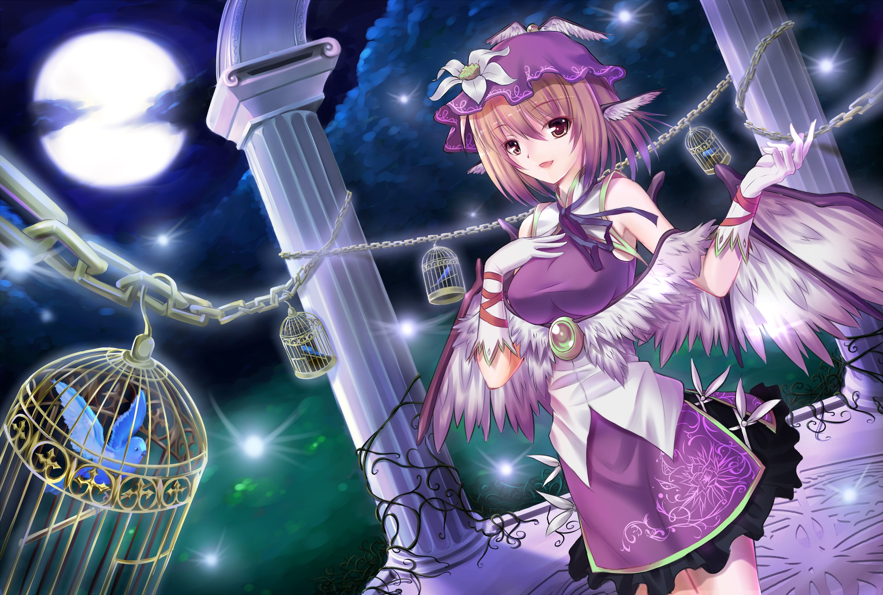 short, brown, 2K, touhou, cage, gloves, dress, wings, bird, night, flowers, chain, lorelei, hair, hat, silversirius, eyes, breasts, animal, mystia, HD Wallpaper